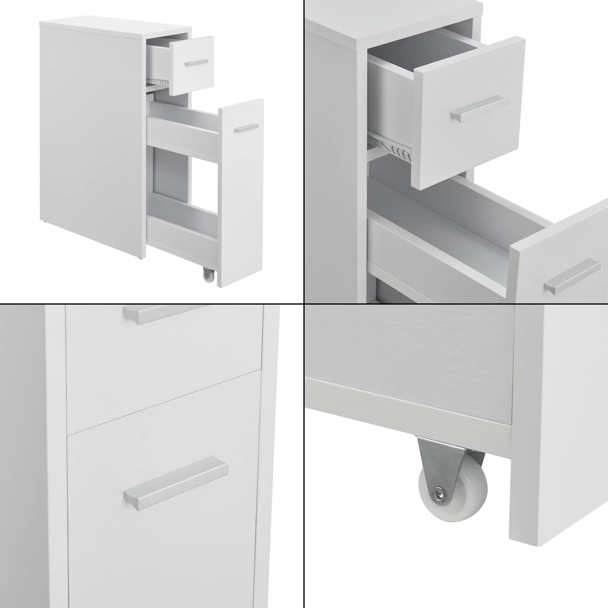 [en.casa] Mobile da Bagno Basso Stretto con 2 Cassetti Armadietto Multiuso per Cucina Lavanderia 61x20x45 cm Cassetto Estraibile a Ripiani e Rotelle - Bianco