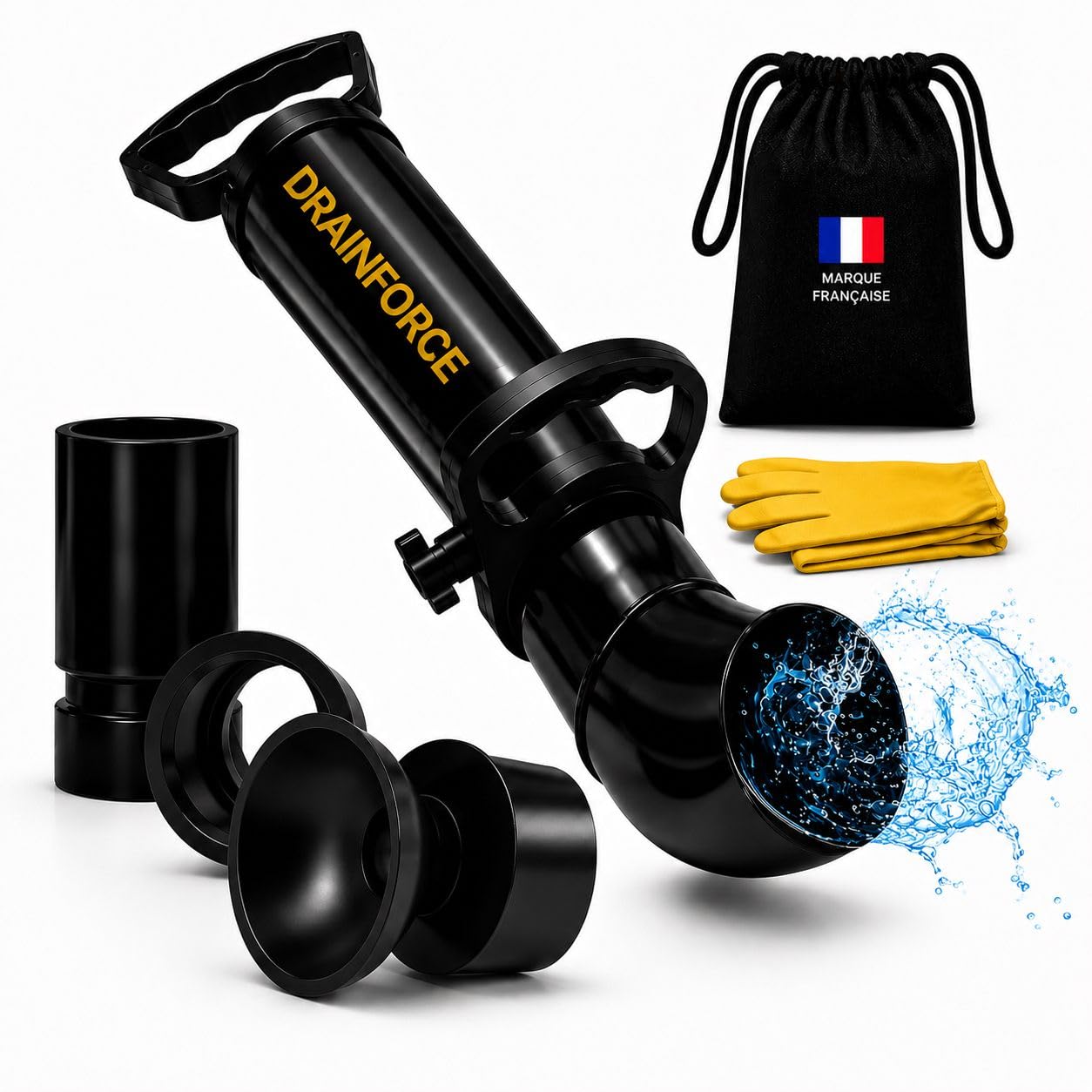 Déboucheur à Pompe Haute Pression – Pompe à Déboucher WC, Évier, Douche – Déboucheur Canalisation Puissant Sans Produits Chimiques – 3 Buses + Gants + Sac de Rangement