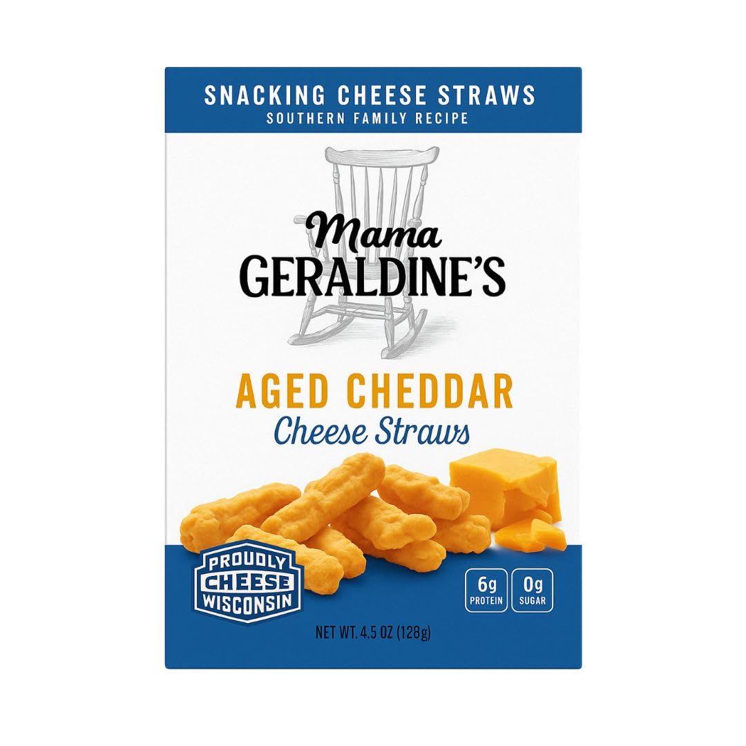 Mama Geraldine's - Aged Cheddar Cheese Straws - 4.5 Ounce, 6 Pack - Crisps, Chips, Gourmet Baked Snacks, Bite Sized Cheese Straw Snacks for Appetizer