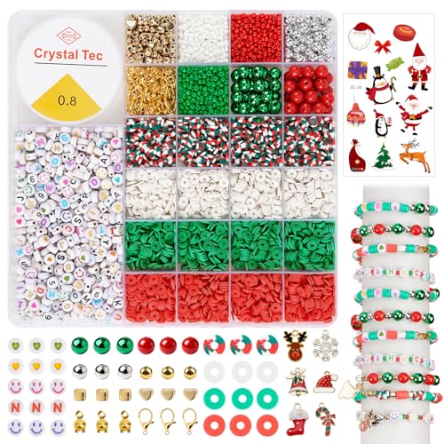 Aurvivia 3668Pcs Christmas Beads for Bracelet Christmas Bracelet Making Kit Clay Pearls Letter Beads & Christmas-Themed Sticker Pendants Craft Gifts Charms for Holiday Party DIY Craft Lovers