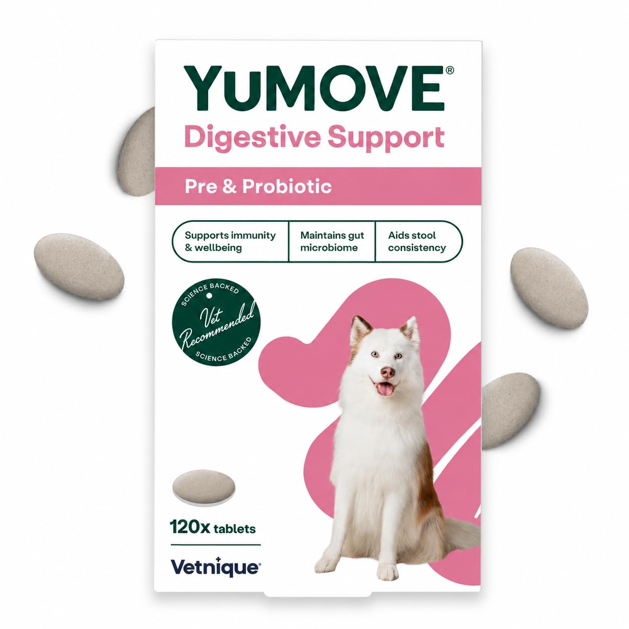  - Yumove Digestive CareDog Pre And Probiotics Supplement For Gut HealthSupport All Ages Breeds120 TabletsEco Friendly