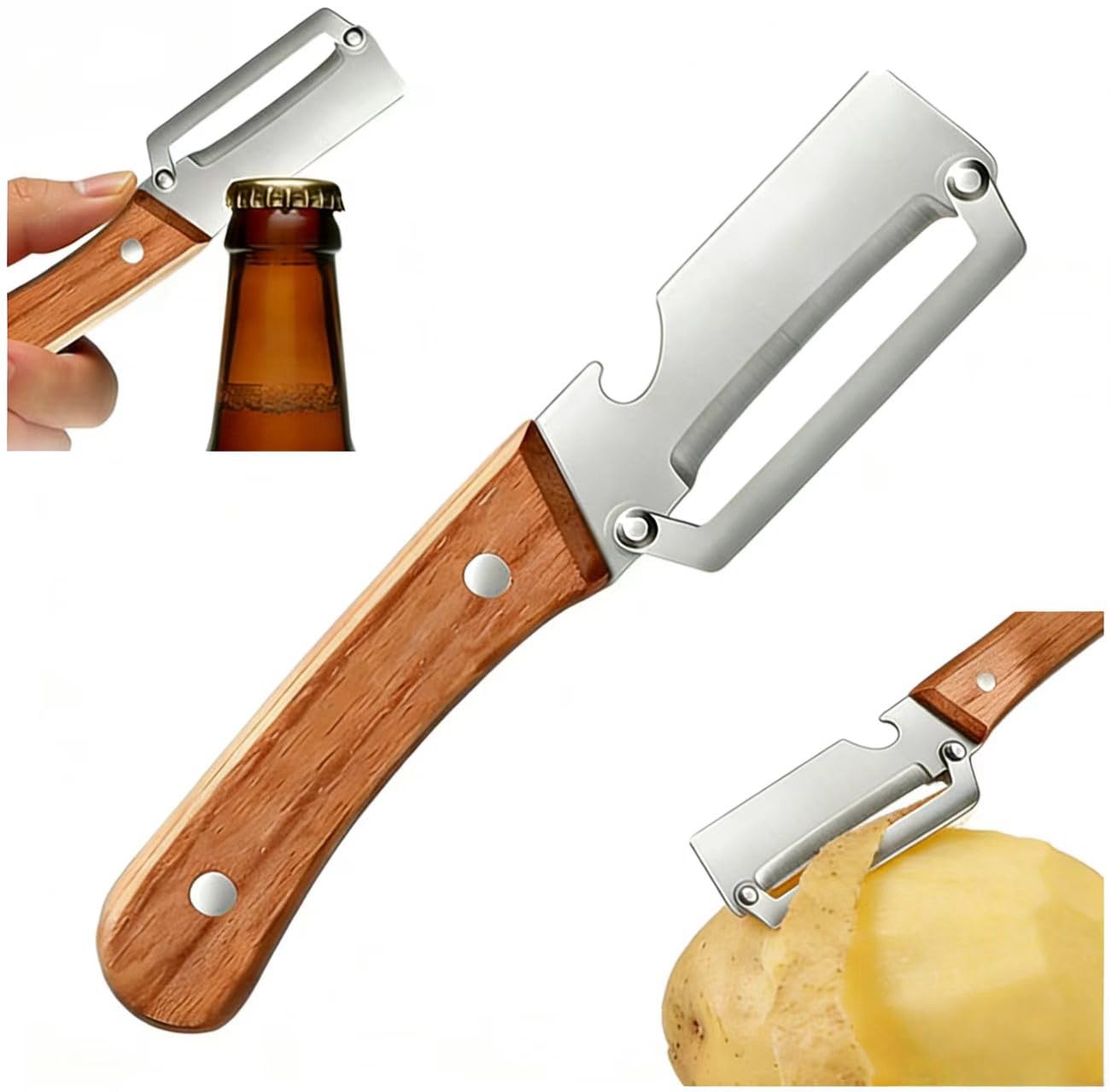 Photo 1 of Premium Vegetable Peeler with Wooden Handle and Bottle Opener: 2-in-1 Stainless Steel Kitchen Tool for Fruit Apple Potato Pumpkin Papaya (1 PCS)