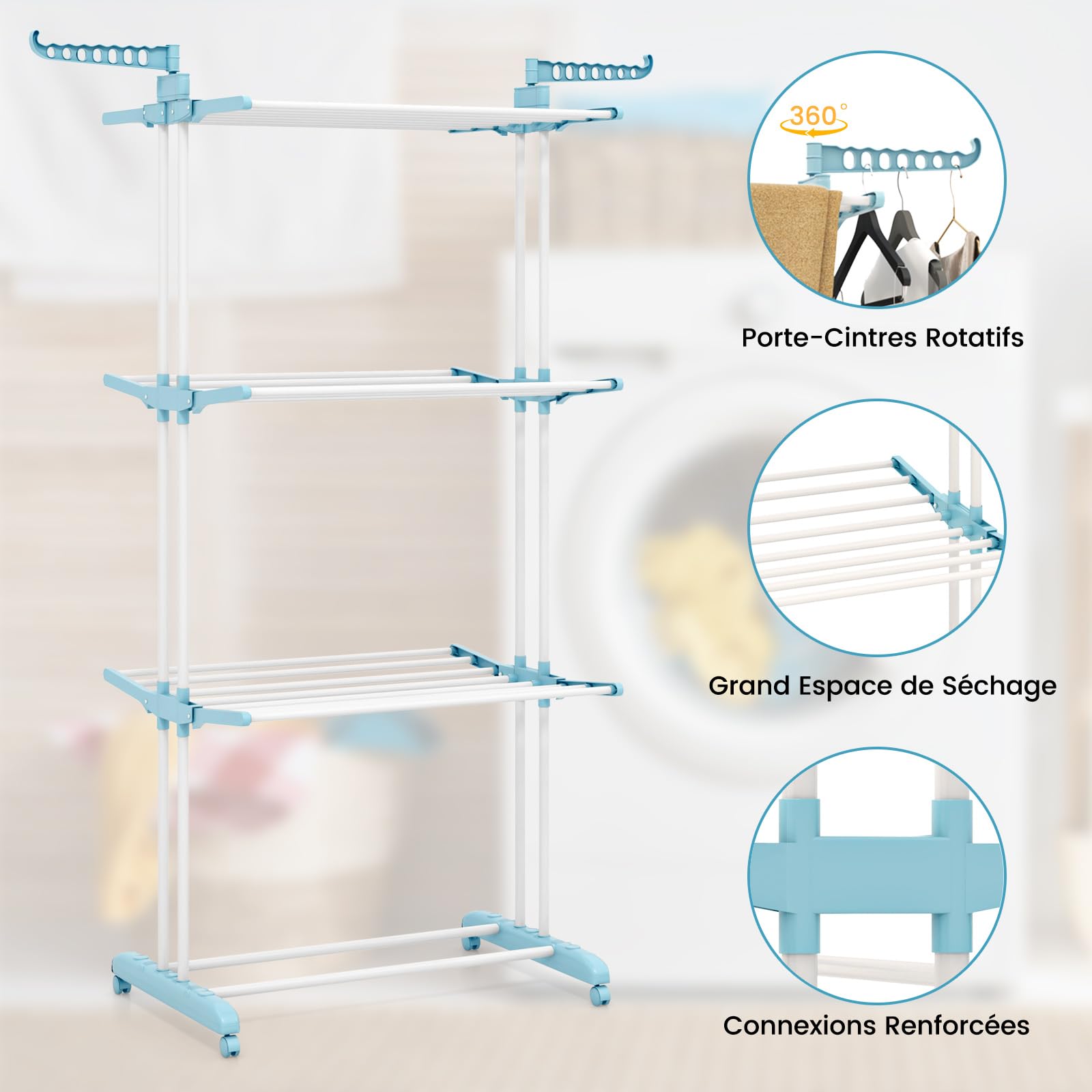 COSTWAY Sechoir à Linge Pliable 3 Niveaux, Étendoir Linge à roulettes en Métal, Sechoir Tancarville Solide avec 2 Porte-cintres, Porte-Chaussures, Seche Linge Intérieur Extérieur (Bleu Clair)