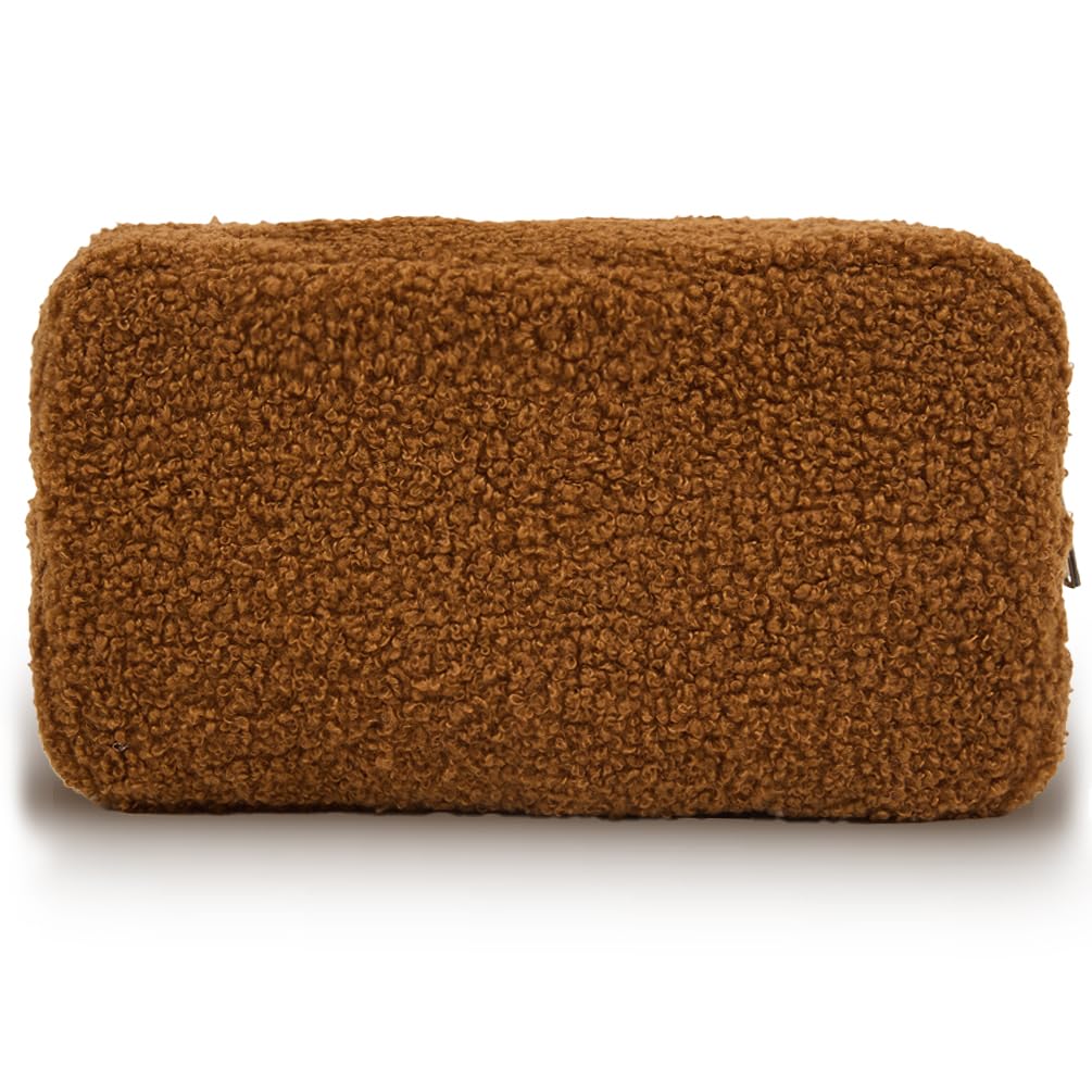 kamumanni Plush Makeup Bag, Solid Plush Makeup Bag, Portable Travel Bag for Makeup Essentials, Preppy Aesthetic Makeup Bag (Brown)