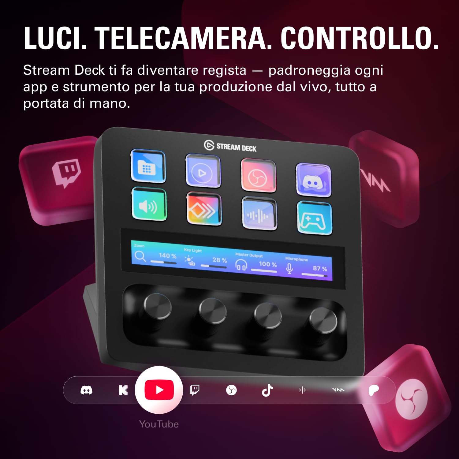 Elgato Stream Deck +, mixer audio, produzione live e controller da studio, per content creator, streaming, gaming, con striscia tattile personalizzabile, manopole e tasti LCD, compatibile con Mac e PC