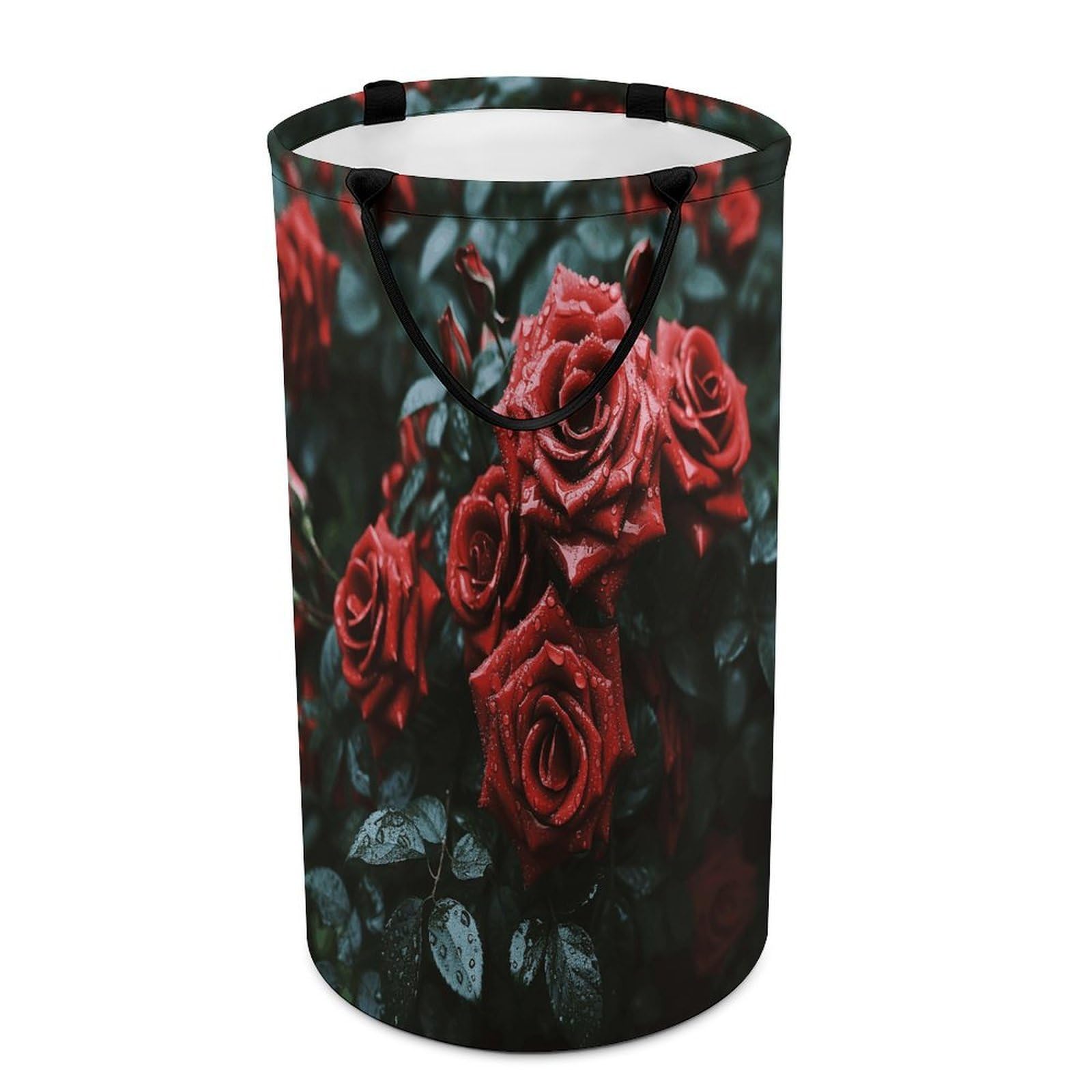 Rote und schwarze Rose Wäschekorb – großer schmutziger Kleiderbeutel. Aufbewahrungskorb für einfache Tragegriffe. Großer Wäschekorb mit Griffen, Kleideraufbewahrung, Eimer, Spielzeug-Organizer für