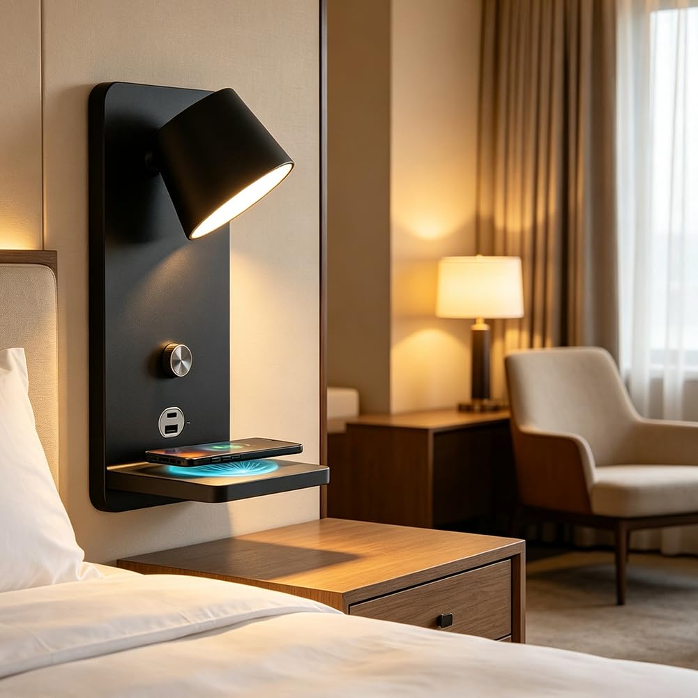 Aplique Giratorio con Regulador de Intensidad y Puerto de Carga USB Lámpara de Pared con Luz Cálida de 3000K Estación de Carga Inalámbrica Lámpara de Lectura de pared LED Iluminación,Negro