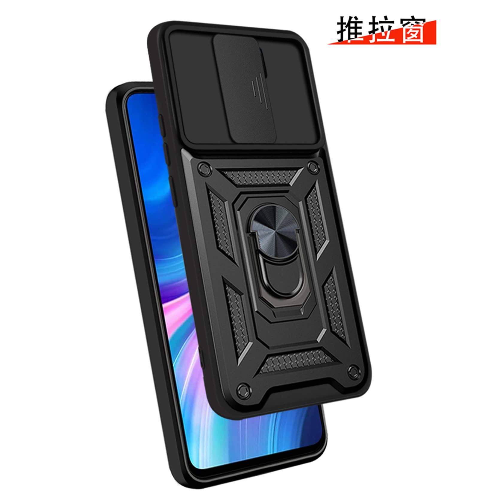 POUHYE Coque Pour Xiaomi Redmi Note 8 Pro Étui, Protecteur De Caméra, Armure Rigide Housse 360° Metal Anneau Magnetic Support Étui, PC Dur Et TPU Silicone Antichoc Anti-Rayures Case Noir
