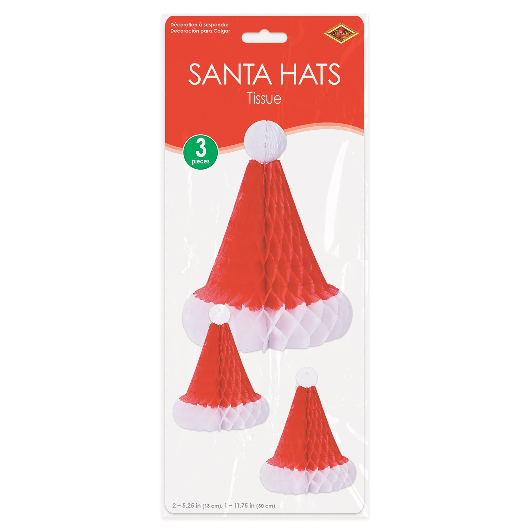 Beistle 3 Sombreros de Papá Noel de Papel de Seda de Panal para Decoraciones de Fiesta de Navidad, Rojo/Blanco