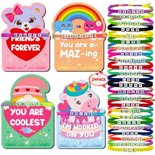 24Pack Kids Valentines Day Cards, Valentine Cards with Bead Bracelets, Valentines Day Gifts for Kids Classroom Prizes, Valentine School Exchange Gifts, Valentine’s Day Class Favors, Friendship Cards
