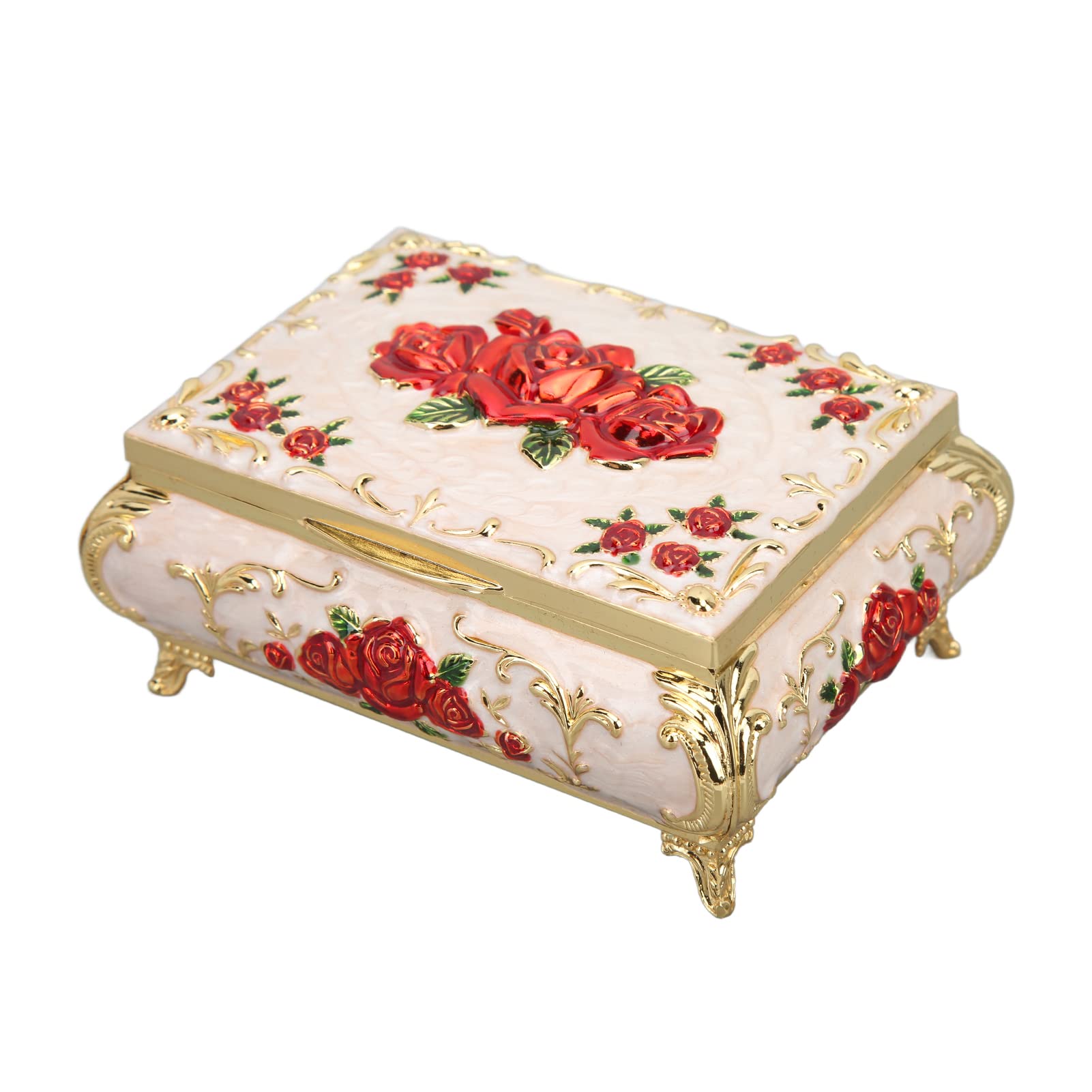 HLHLH Rectangular Rhinestone Metal Trinket Box with Embossed Floral Design(Medium Gold Red Rose)