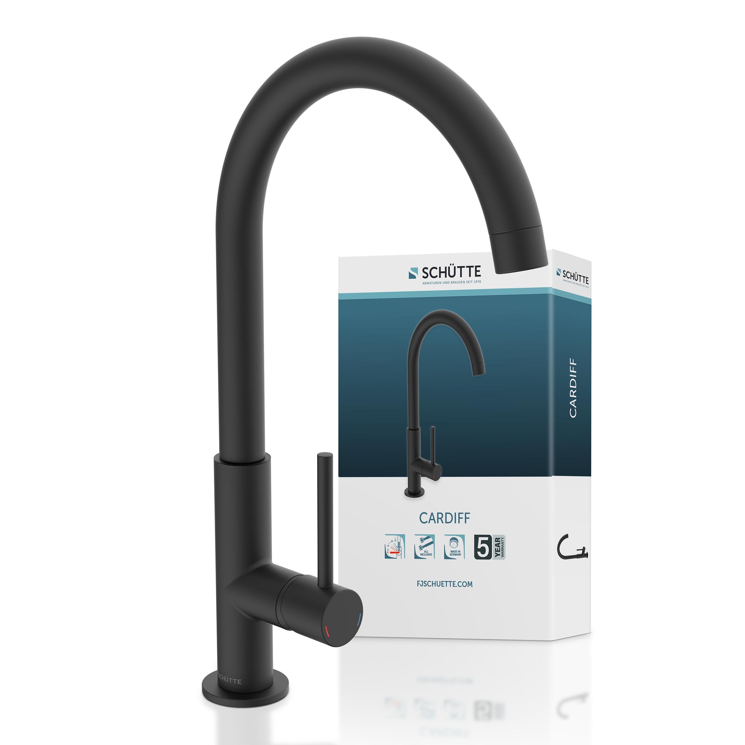 SCHÜTTE 79966 Küchenarmatur Cardiff, 360 Grad schwenkbarer Wasserhahn Küche, Mischbatterie für die Spüle mit Einhebelmischer, Spültischarmatur Küchenspüle, Schwarz matt