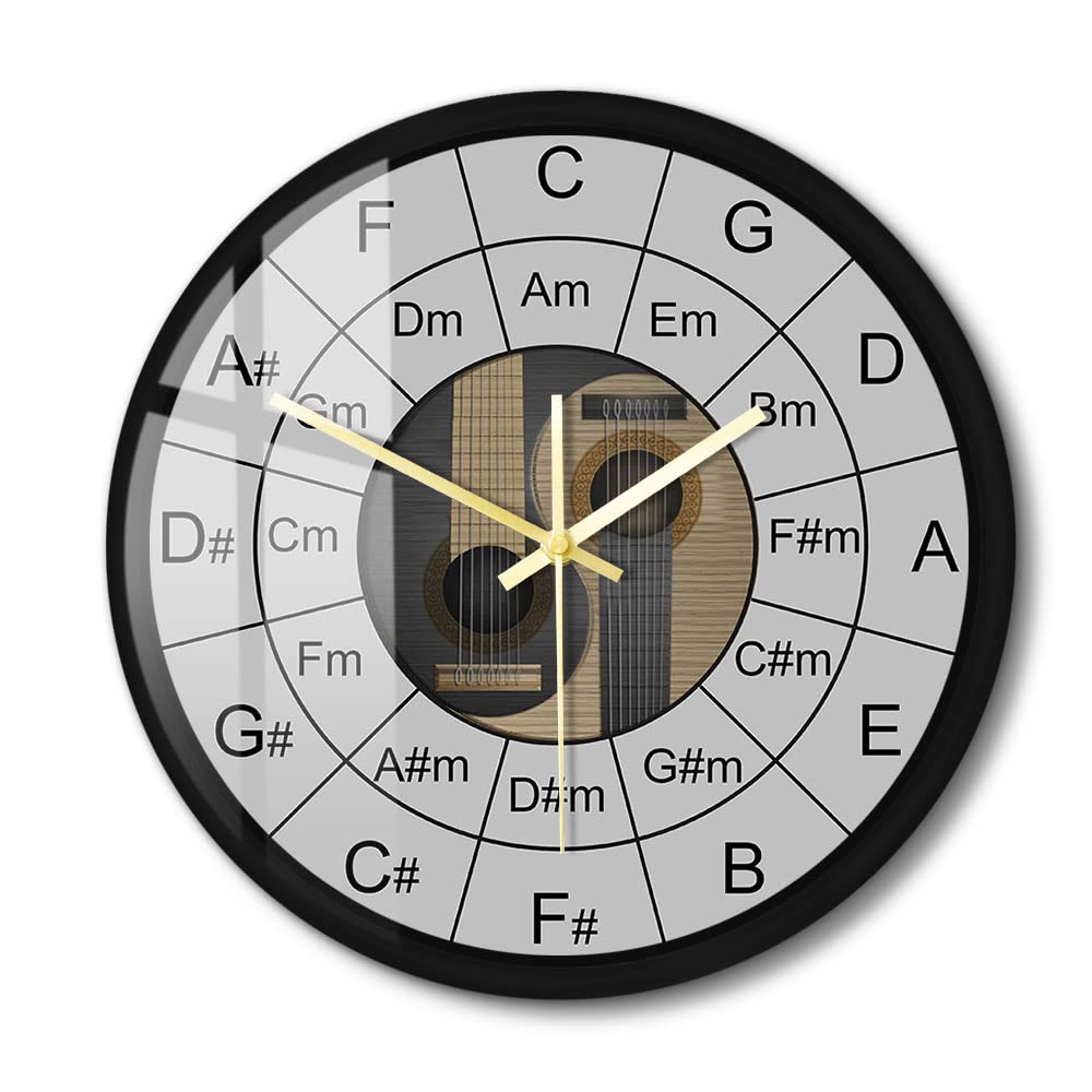 Reloj de pared musical Yin y Yang con estructura de metal, bajo acústico, gráfico del círculo de los quintos con marco de aluminio, reloj de pared regalo para bajista bajista