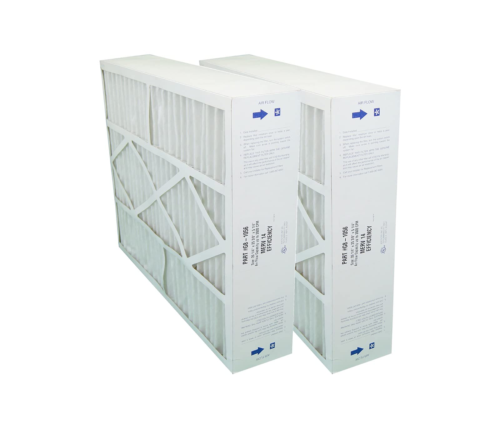 G8-1056 GENUINE 20x25x5 (Actual Size: 20-1/4 x 25-3/8 x 5-1/4) MERV 14 GOODMAN, CARRIER, ELECTRO-AIR, FIVE SEASONS, AMANA 20X25 MEDIA FILTERS - Case of 2 (TWO) Filters