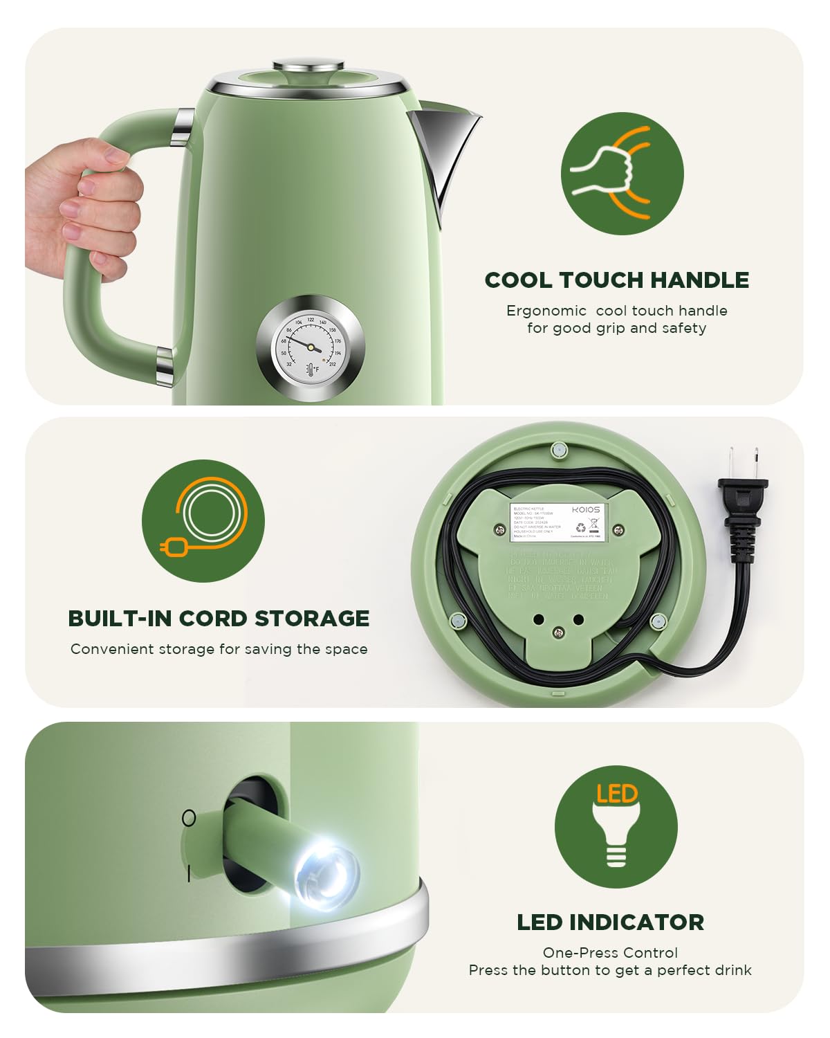 Hervidor eléctrico de 1.8 L con medidor de temperatura, hervidor de té eléctrico de ebullición rápida de 1500 W, hervidor de agua caliente de estilo retro 100% acero inoxidable, luz LED brillante, 9