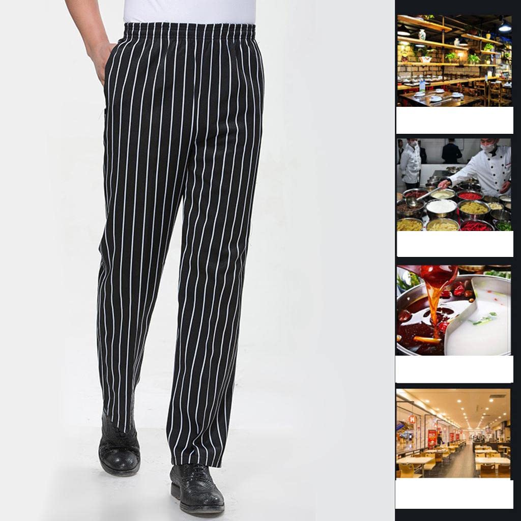 Elastische Kellnerhose für Restaurant, Café, Chef, Uniform, gestreift, 3XL, Schwarz/Weiß, gestreift, Größe 3XL