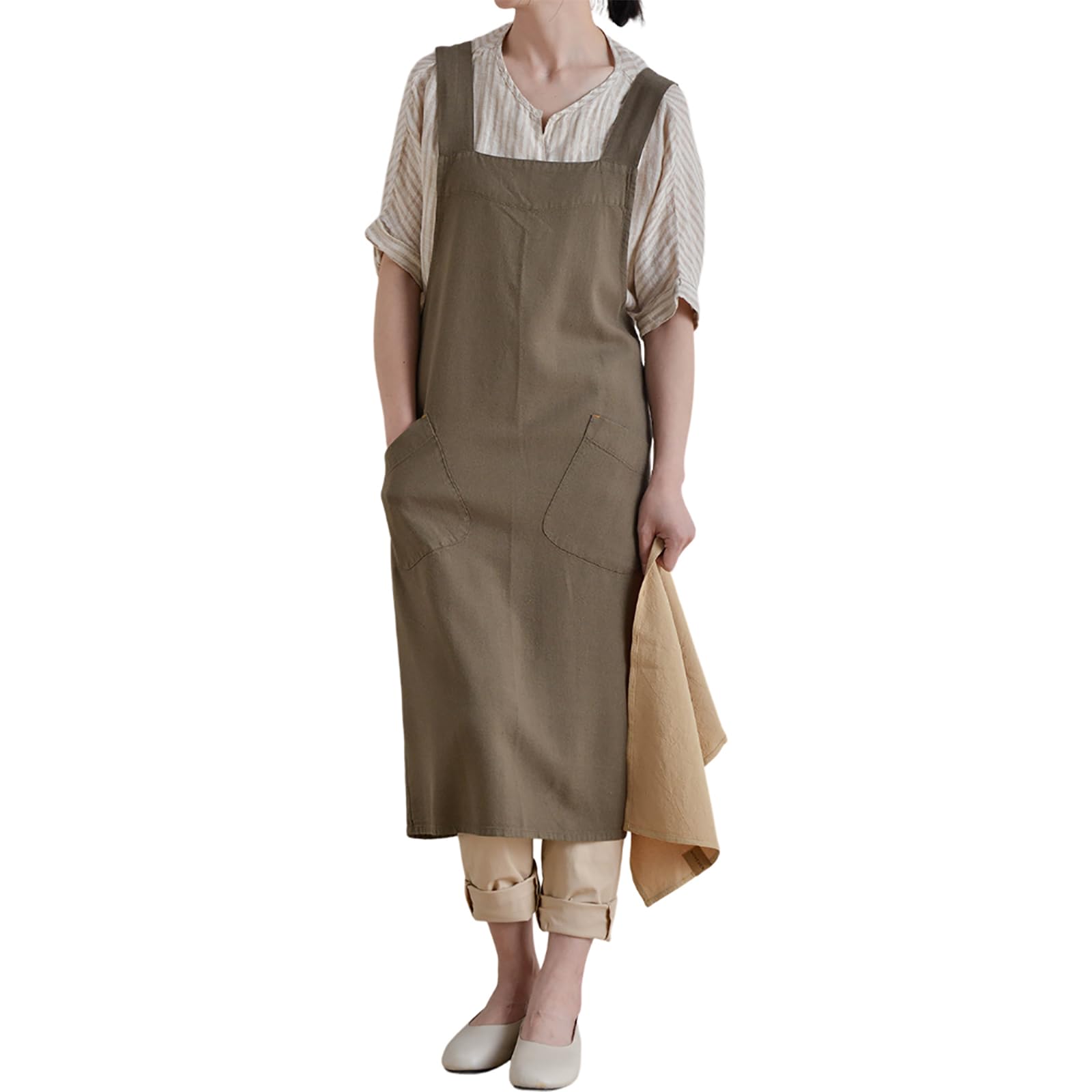 FESEAQ Women's Cotton Linen Apron Cross Back Work Apron with Pockets for Cooking, Baking, Painting, House Cleaning,One Size,Brown