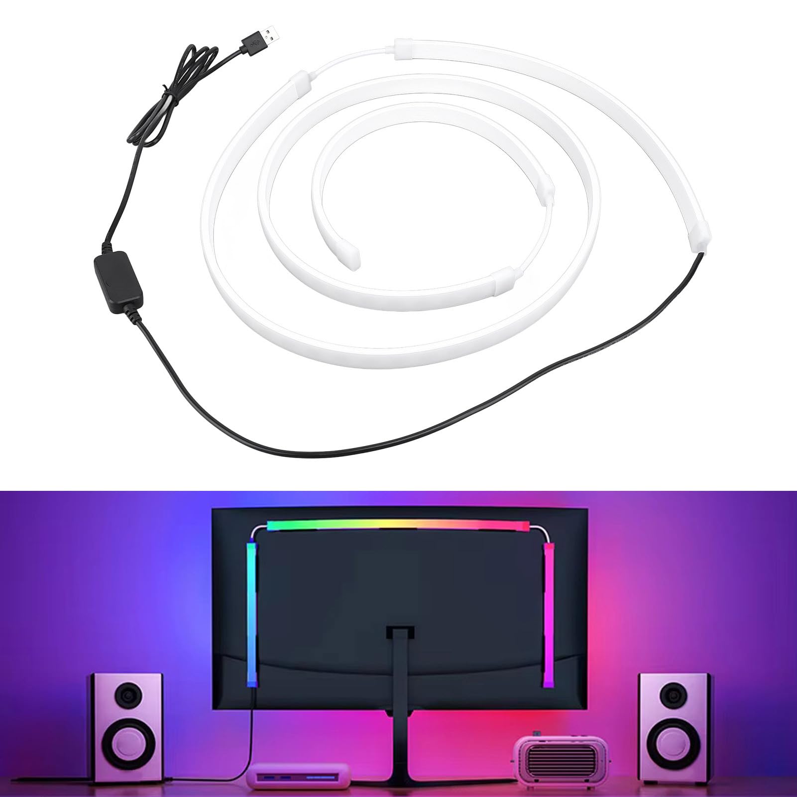 Jectse Monitor de Retroiluminación LED, Luces de Tiras LED RGB Sincronizadas para Detectar Color y Música, 16 Millones de Colores USB 5V PC Gaming Ambient Lighting para Monitores de 49