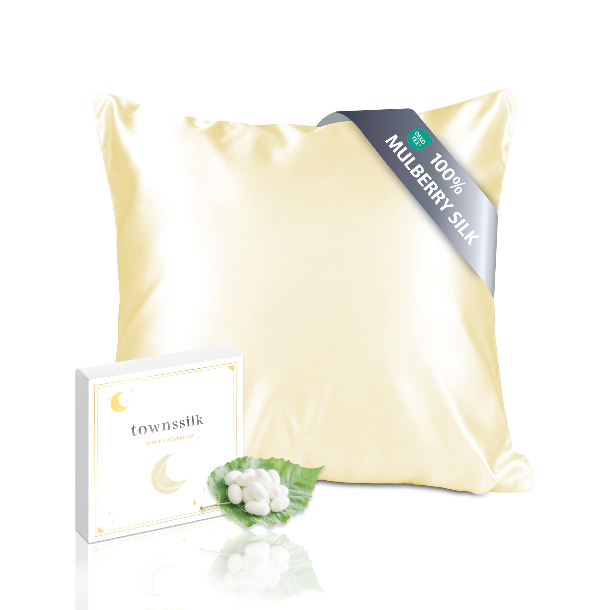 townssilk Silk Pillowcase 40x40cm – 100% Mulberry Silk, 19mm, Double-Sided Silk, Oeko-TEX Certified, Grade 6A, with Zipper, 1 Piece, Light Yellow