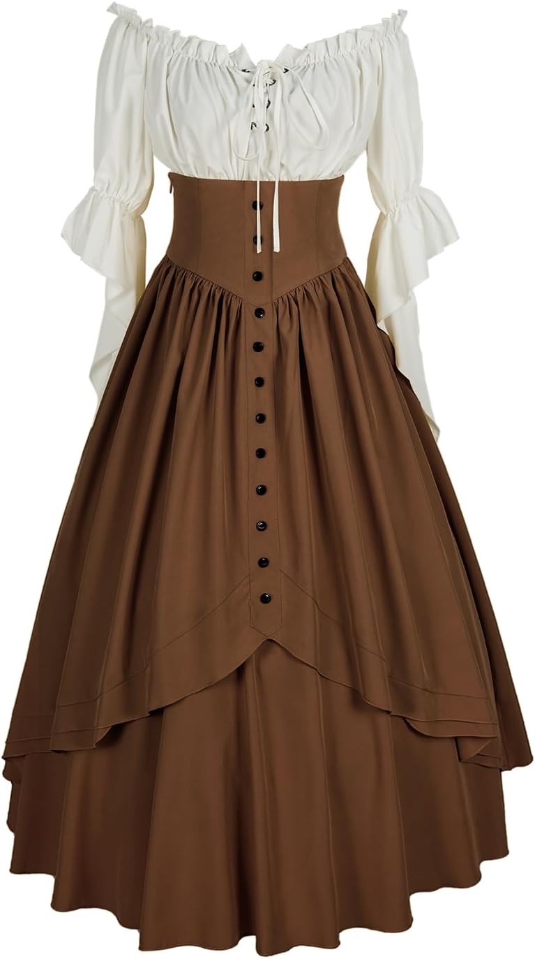 Mingyuezai Women Renaissance Costume Medieval Victorian High Waisted Button Skirt Set - Image 3