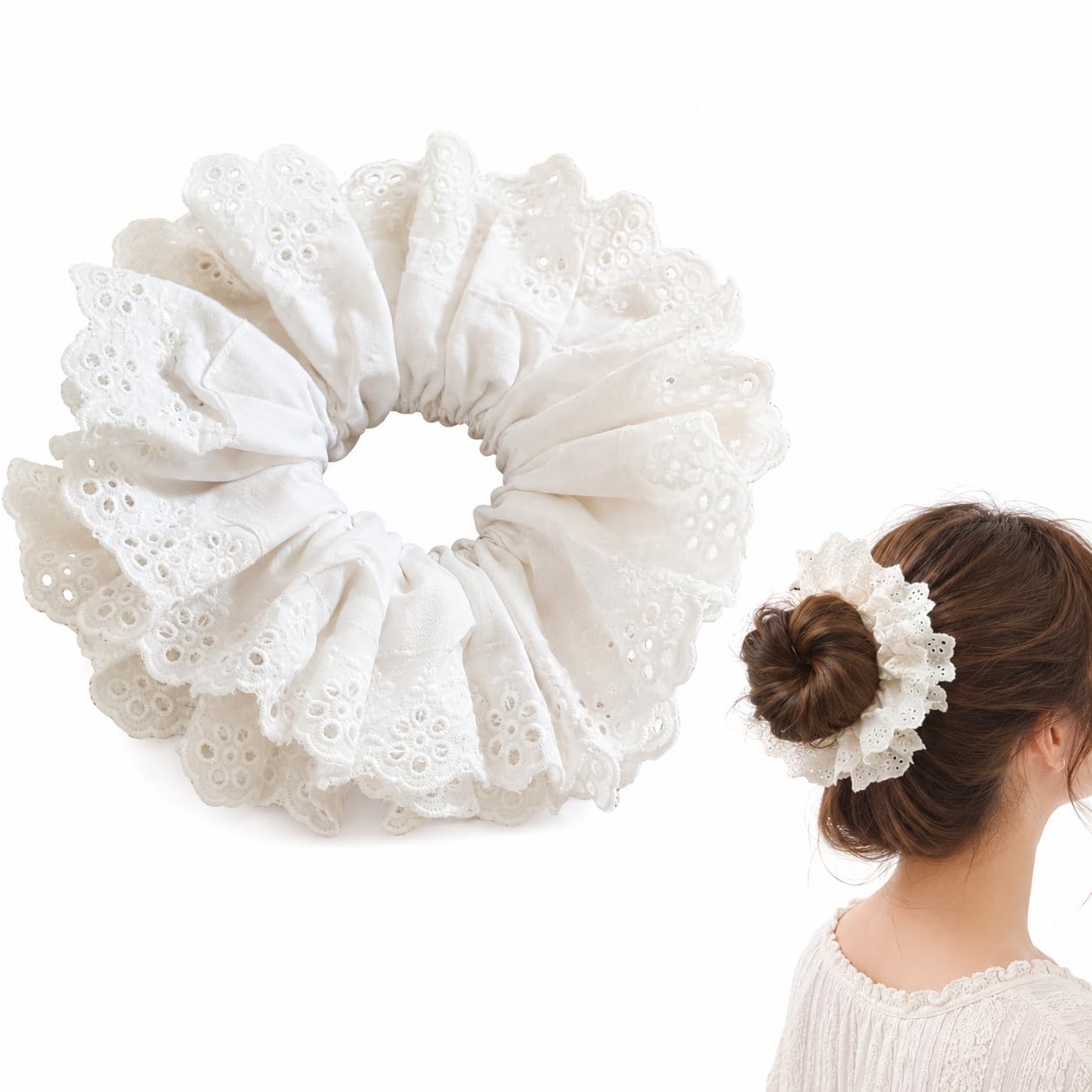 Hair Ties for Women Hair Scrunchies Girls 1 Piece Set White Scrunchie Lace Design Premium Fabric Ponytail Holder (White)