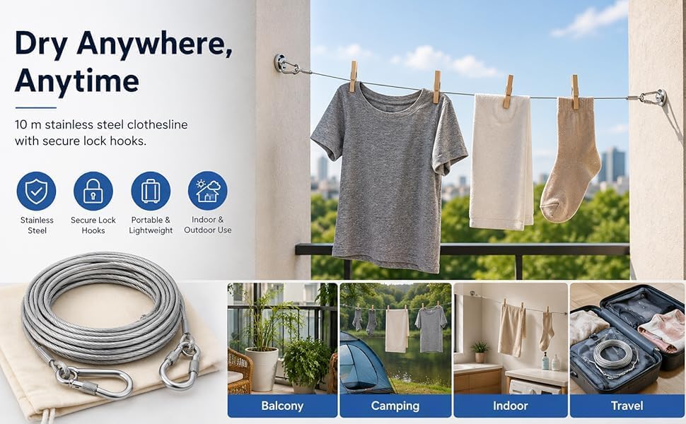Image of Heavy Duty Clothes Drying Rope 10 Meter with Dual Lock Hooks | Stainless Steel Clothesline Wire | Rust Resistant Steel Drying Cable for Balcony, Home, Travel, Camping & Outdoor Laundry Use
