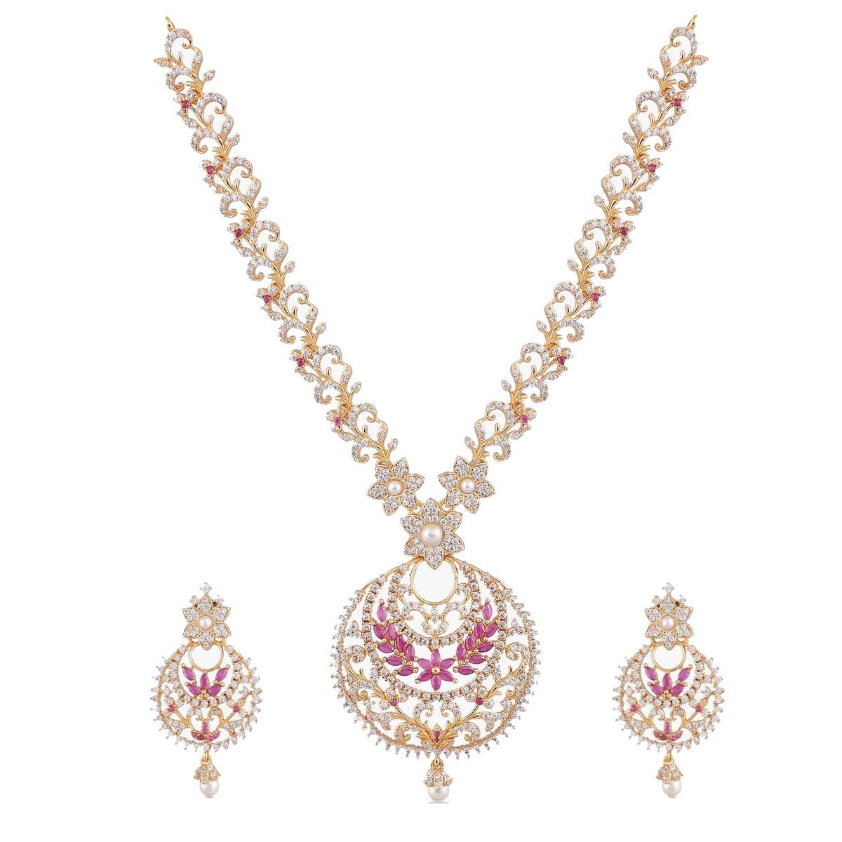 Tarinika Tiah Gold-Plated Indian Jewelry Set with Necklace and Earrings - White Red