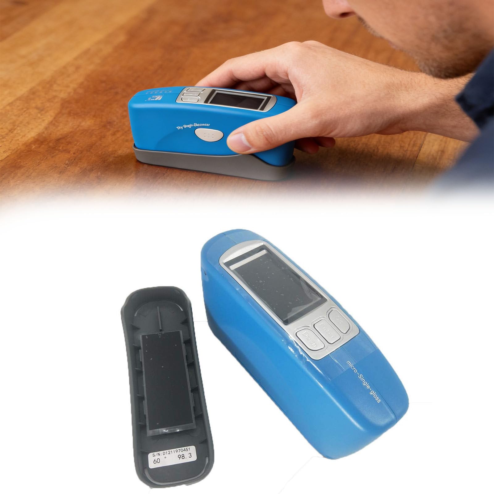 Misuratore di lucentezza ad angolo singolo con software, angoli di 20° 60° 85°, portata fino a 2000 GU, include campioni standard per la misurazione della qualità della superficie