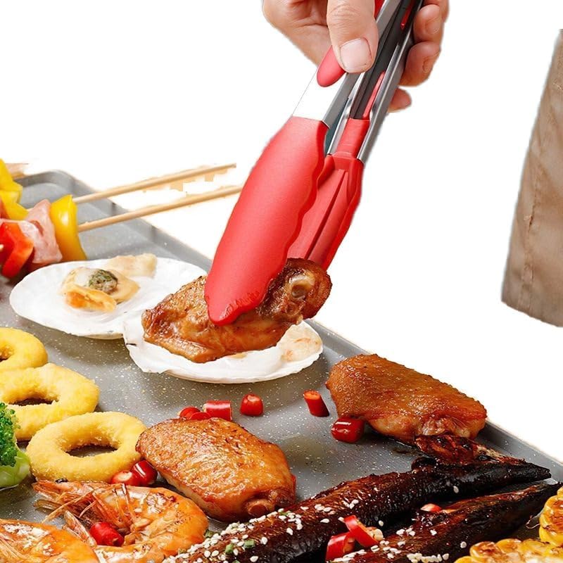 Image of Stainless Steel Food Tongs with Silicone Tips- 9 INCH | 230C Heat Resistant, Heavy Duty Non-Stick Tongs for Kitchen BBQ Cooking Grilling Buffet Noodles Salad Steak (RED)