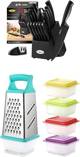 Marco Almond MA23 - Juego de cuchillos de cocina + rallador de caja Marco Almond KYA57B, rallador de acero inoxidable con 4 lados