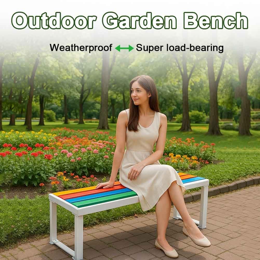 Metallbank für den Außenbereich, 78,7 cm, wetterfest, rückenfrei, für 2–4 Personen, Latten-Design, perfekt für Garten, Veranda, Rasen und Hinterhof, schwarzes Finish