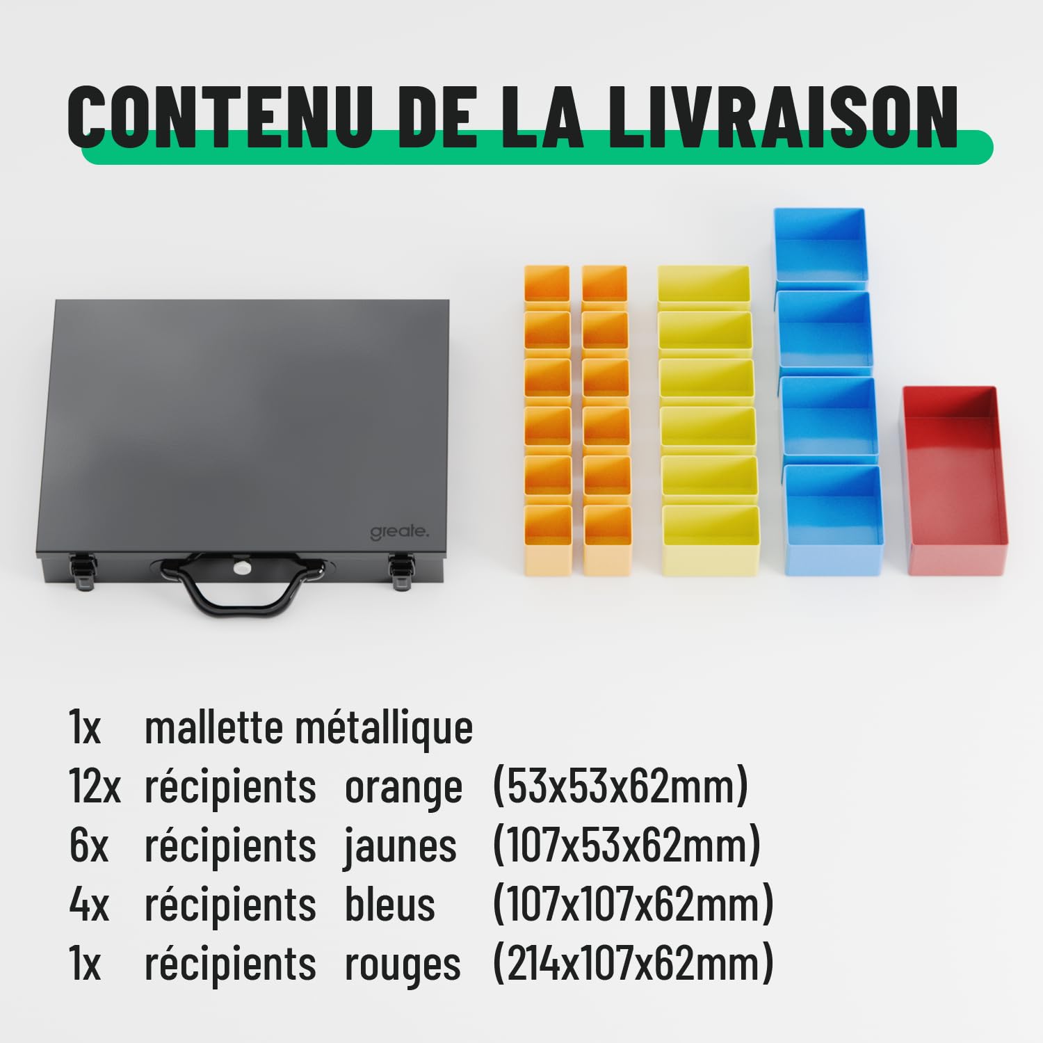 greate Boîte de Rangement visserie métal avec 23 bacs Amovibles | Valise Vide pour Petites pièces - Mallette de tri métallique comme Boîte à vis - Organisateur