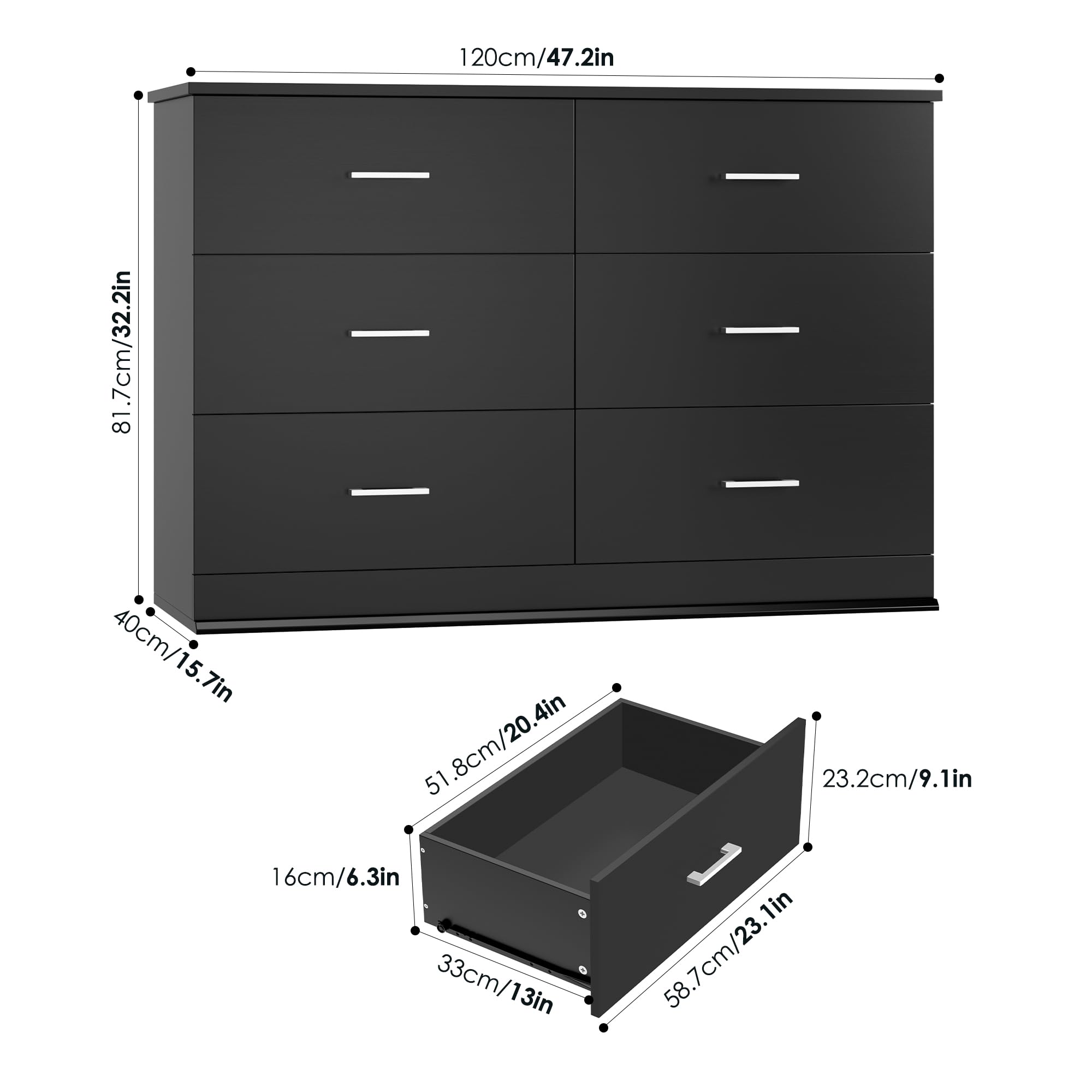Amazon.com: FOTOSOK Black Dresser, 47.2'' Large 6 Drawer Dresser Wide Chest  of Drawers for TV Stand, Modern Dresser Black Floor Storage Drawer Cabinet  for Home Office, Black : Home & Kitchen