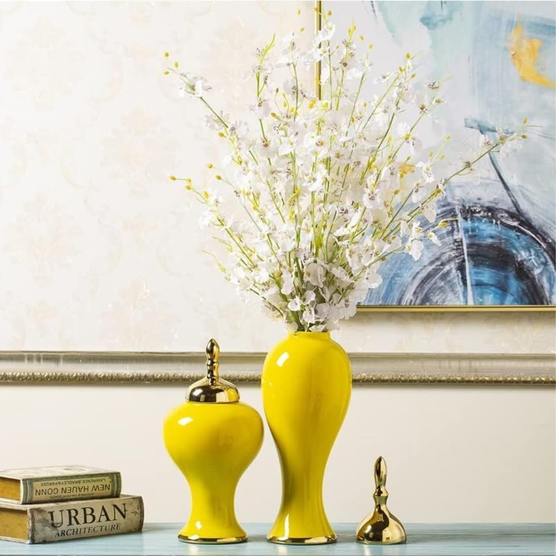 Dekoracyjny słoik na imbir, ceramiczny wazon na imbir ze złotymi wykończeniami, żółty porcelanowy słoik do przechowywania, wazon, słoiki na imbir z pokrywką, słoik do przechowywania (A 15 * 45)