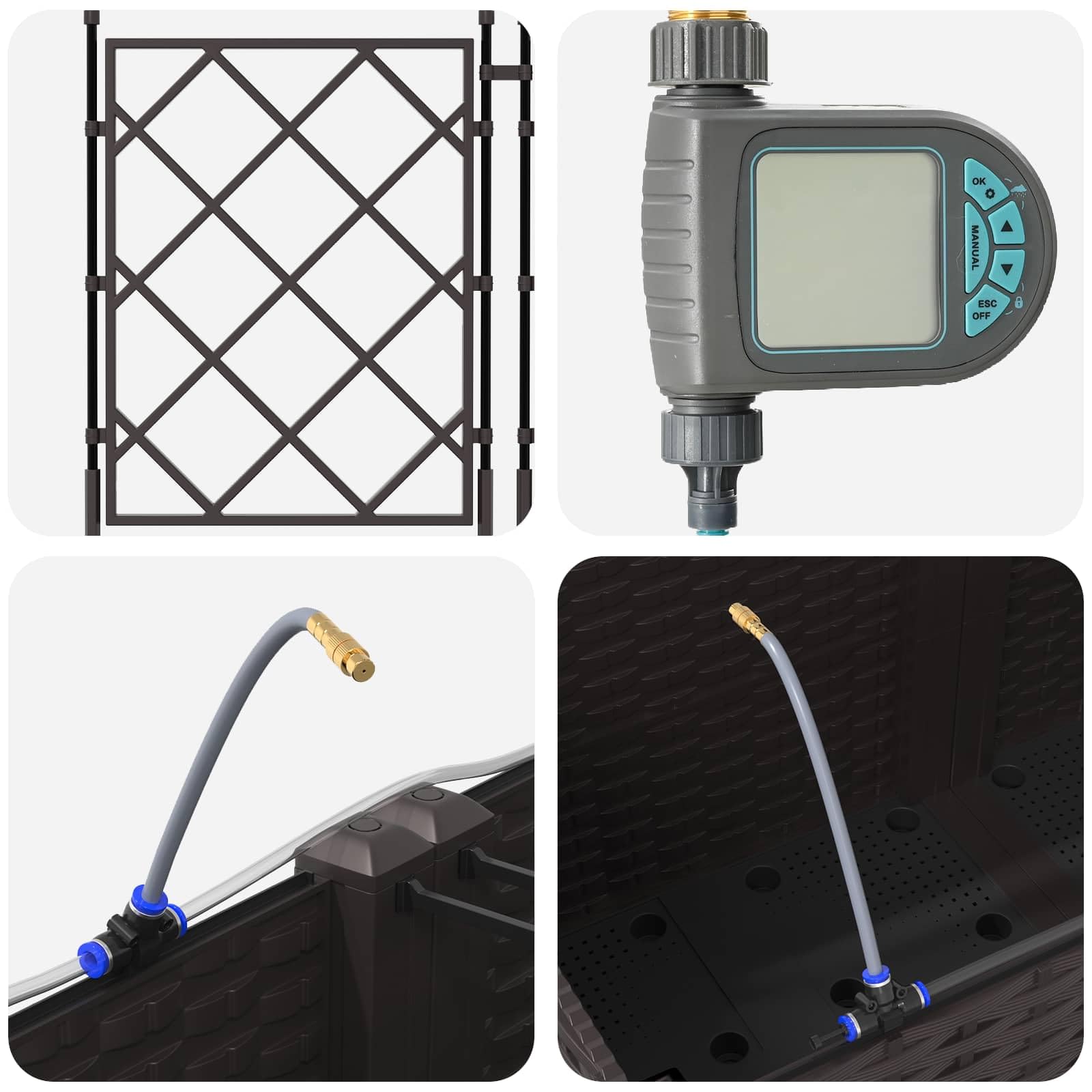 Set di 2 vasi per piante con traliccio e irrigazione, in polipropilene, marrone | Fioriera in polipropilene resistente alle intemperie per terrazza e giardino, con kit di irrigazione automatica.