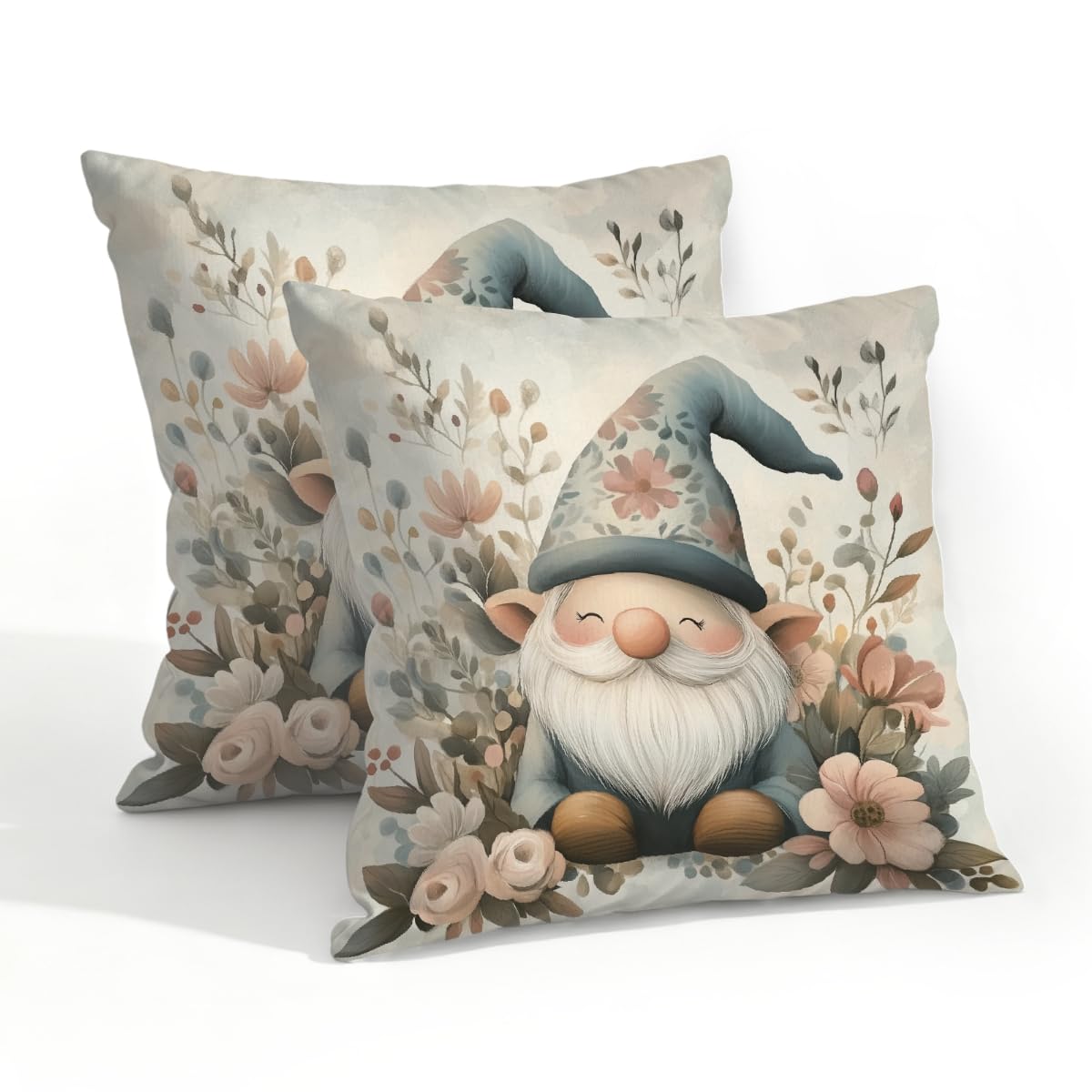 Outdoor Pillow Covers Waterproof Pillowcases 20x20IN Set of 2 Spring Flower Field Gnome Decorative Throw Cushion Case for Couch Sofa Garden Patio Furniture