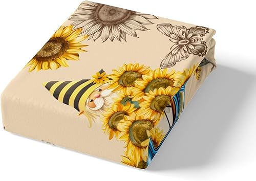 Miniatura 5 de Manfei Juego de sábanas de girasol, tamaño King, juego de ropa de cama de gnomo de primavera de flores amarillas para decoración de habitación de