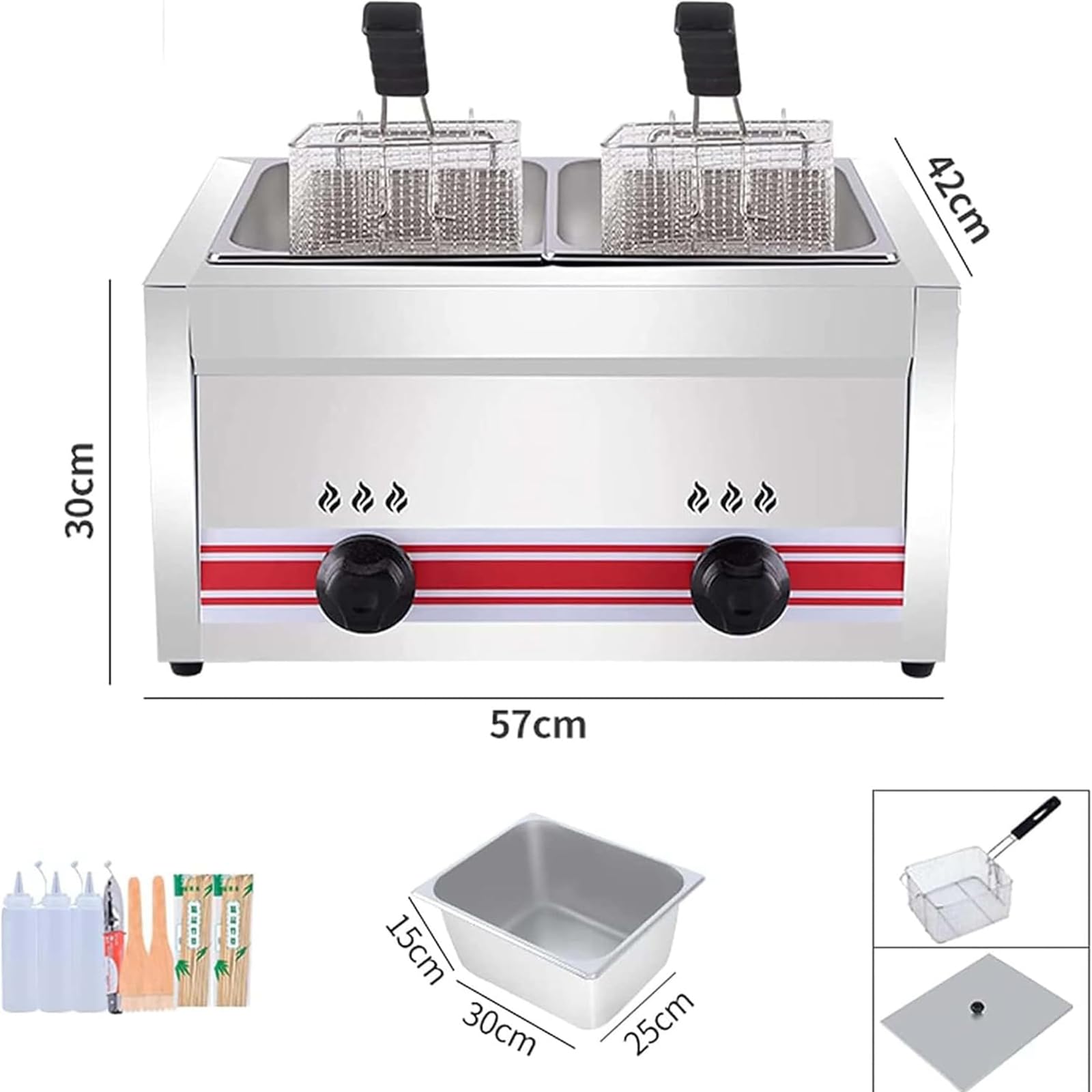 Generico Friggitrice A Gas di Grande capacità da 10 20 30 Litri Friggitrice A Gas Gpl Commerciale in Acciaio Inossidabile con Cestelli E Coperchi per Uso Domestico E Commerciale,B