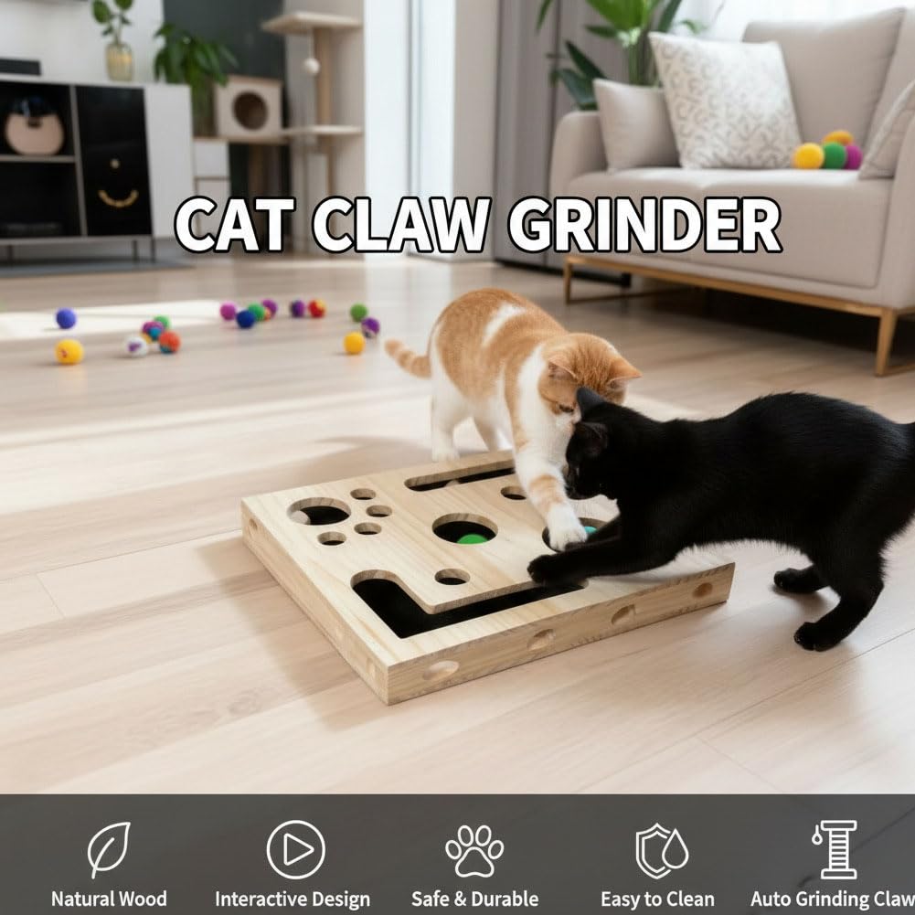 Caja de enriquecimiento de lima de uñas para gatos, juguete de madera para rascar con papel de lija para gatos de interior