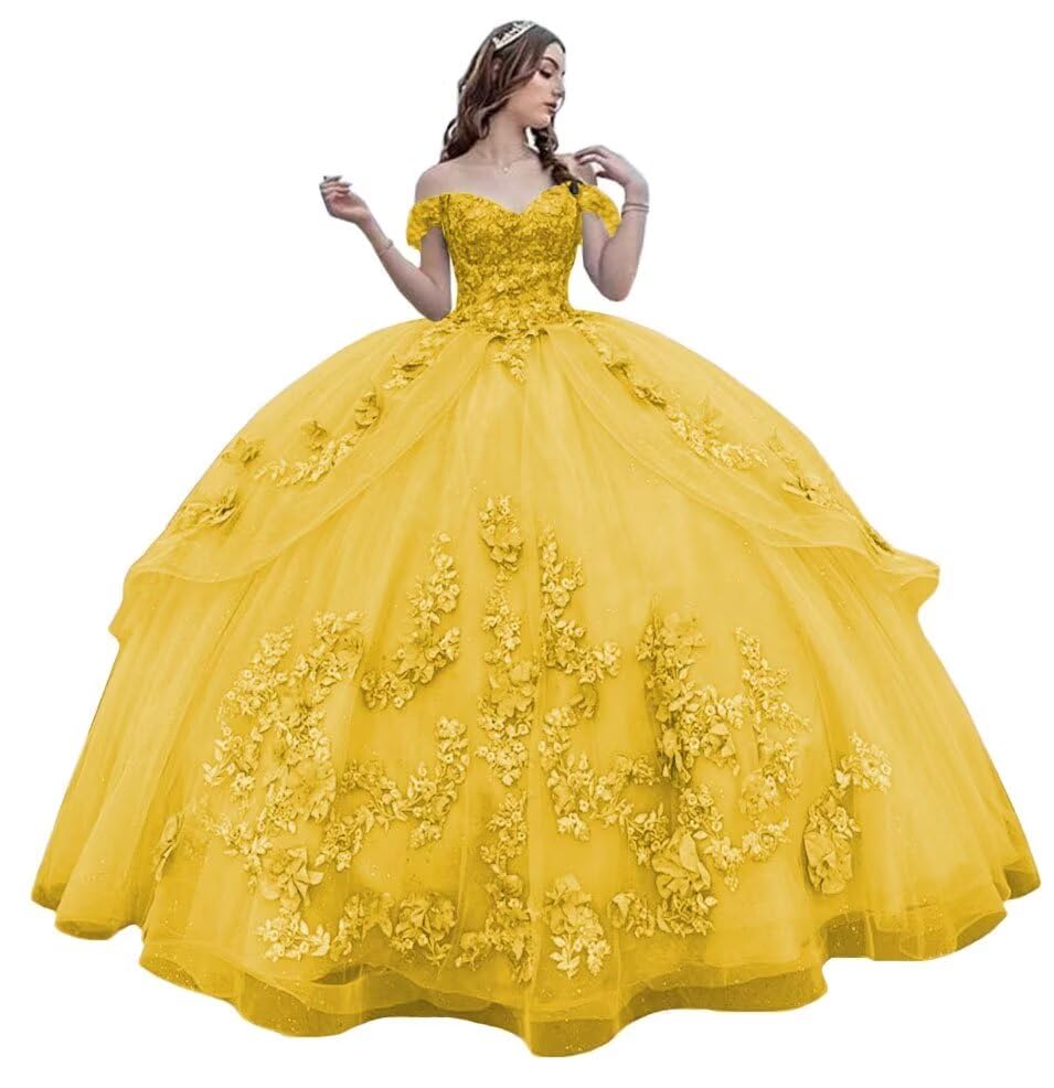 Mauuwy 3d Floral Quinceanera Dresses Ball Gown Puffy Sparkly Tulle