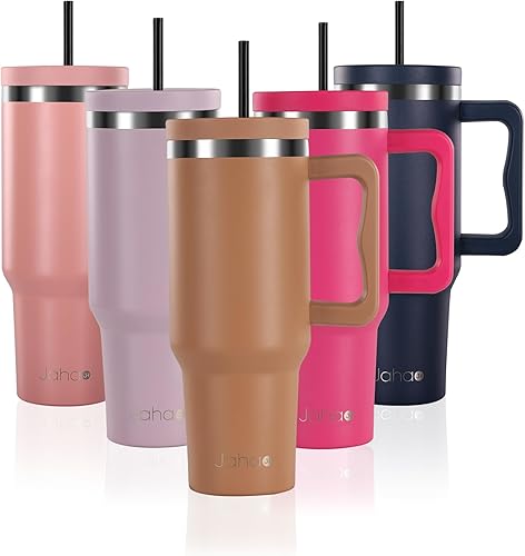 Jahao Vaso de 40 onzas con asa y tapa con pajilla, vasos de acero inoxidable con pajilla, taza aislada, botella de agua, taza de viaje, taza de