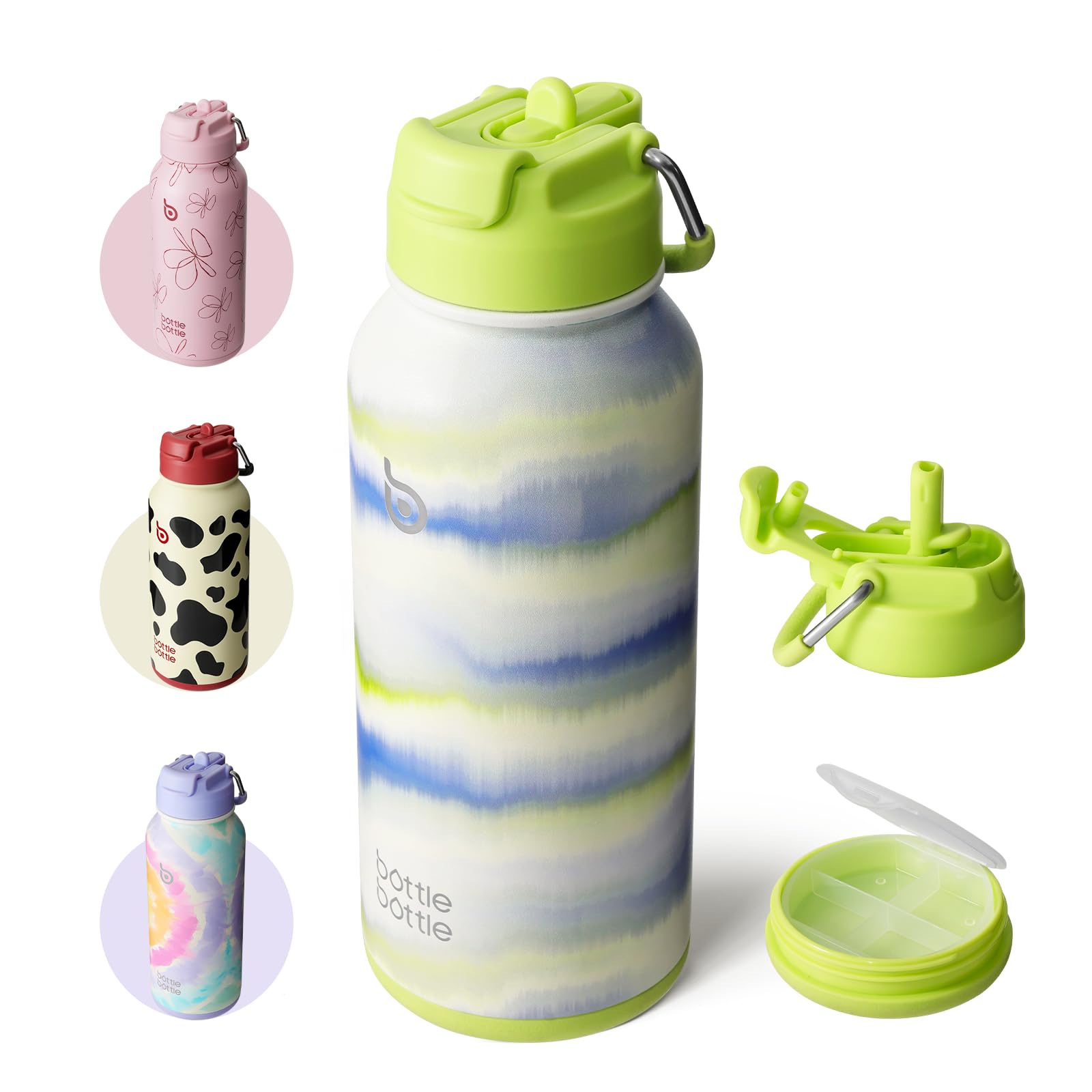 BOTTLE BOTTLE 32oz Insulated Water Bottle With Straw & Pill Box - Stainless Steel Sport Bottle Dual-Use Lid (VivaBands)