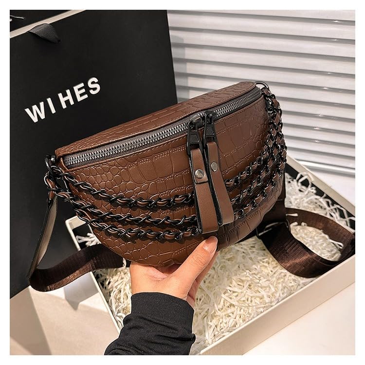 Image of Leather Fanny Pack Bag for Women, Chain Belt Bag Chest Purse Fashionable Crossbody Waist Bags Handbag for Everyday Use Trip Walking Hiking