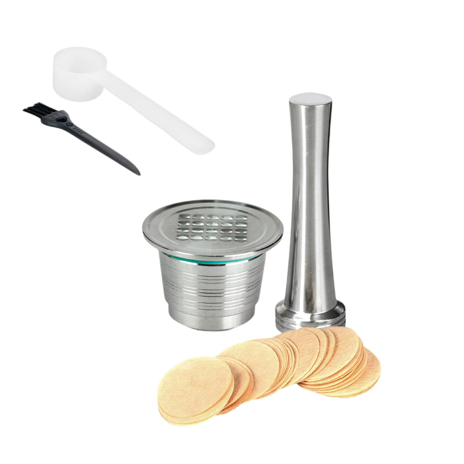 Tsophreniq Pods Tool with Stainless Steel Spoon, Filter Paper & Brush for Easy Maintenance Coffee Pods Cleaning Brush Set