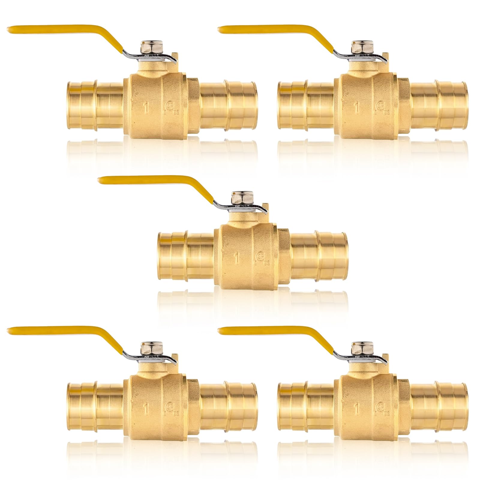Paquete de 5 válvulas de bola de expansión PEX-A de 1 pulgada, válvulas de bola de latón de cierre completo para tubo PEX-A (ASTM 1960, mango amarillo)