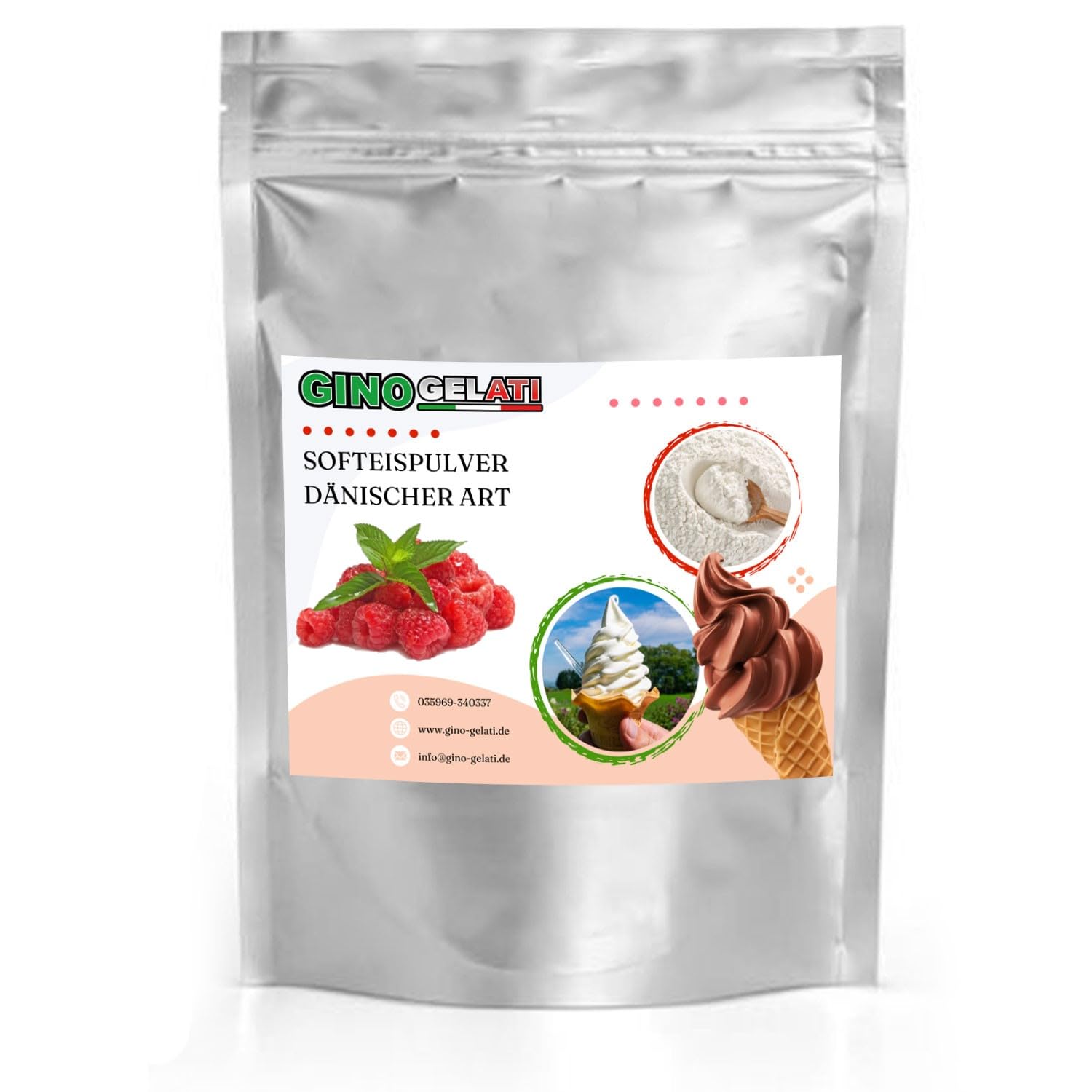 Gino Gelati Dänisches Softeis Pulver, fruchtiger Geschmack, verschiedene Geschmacksvarianten, schnell und einfach Zubereitet, Made in Germany, Eis selber machen (1 Kg, Himbeere)