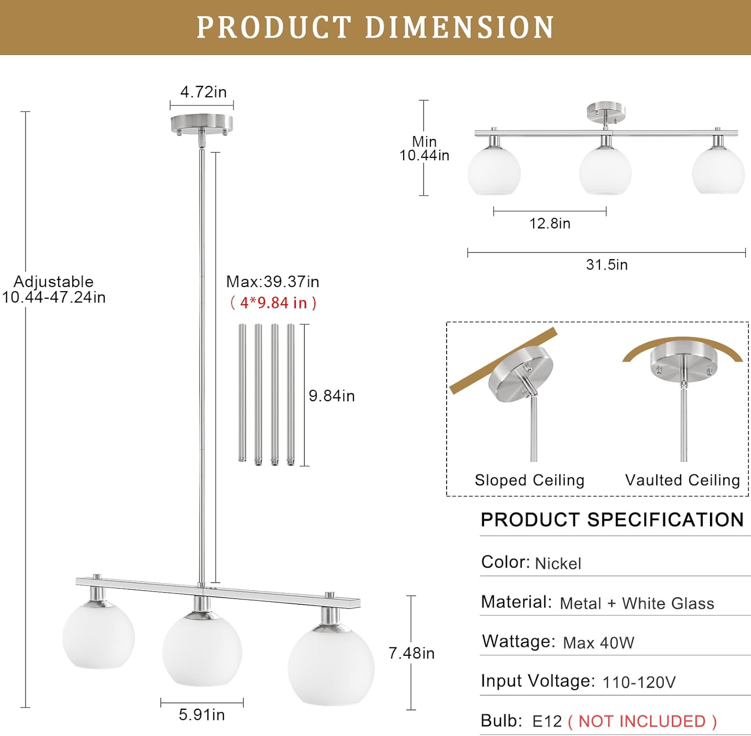 Modern Kitchen Island Lighting 3 Light Brushed Nickel Chandelier With Milk Glass Shades Farmhouse Linear Chandeliers for Dining Room Light Fixtures Over Table Hanging Pendant Lights for Living Room