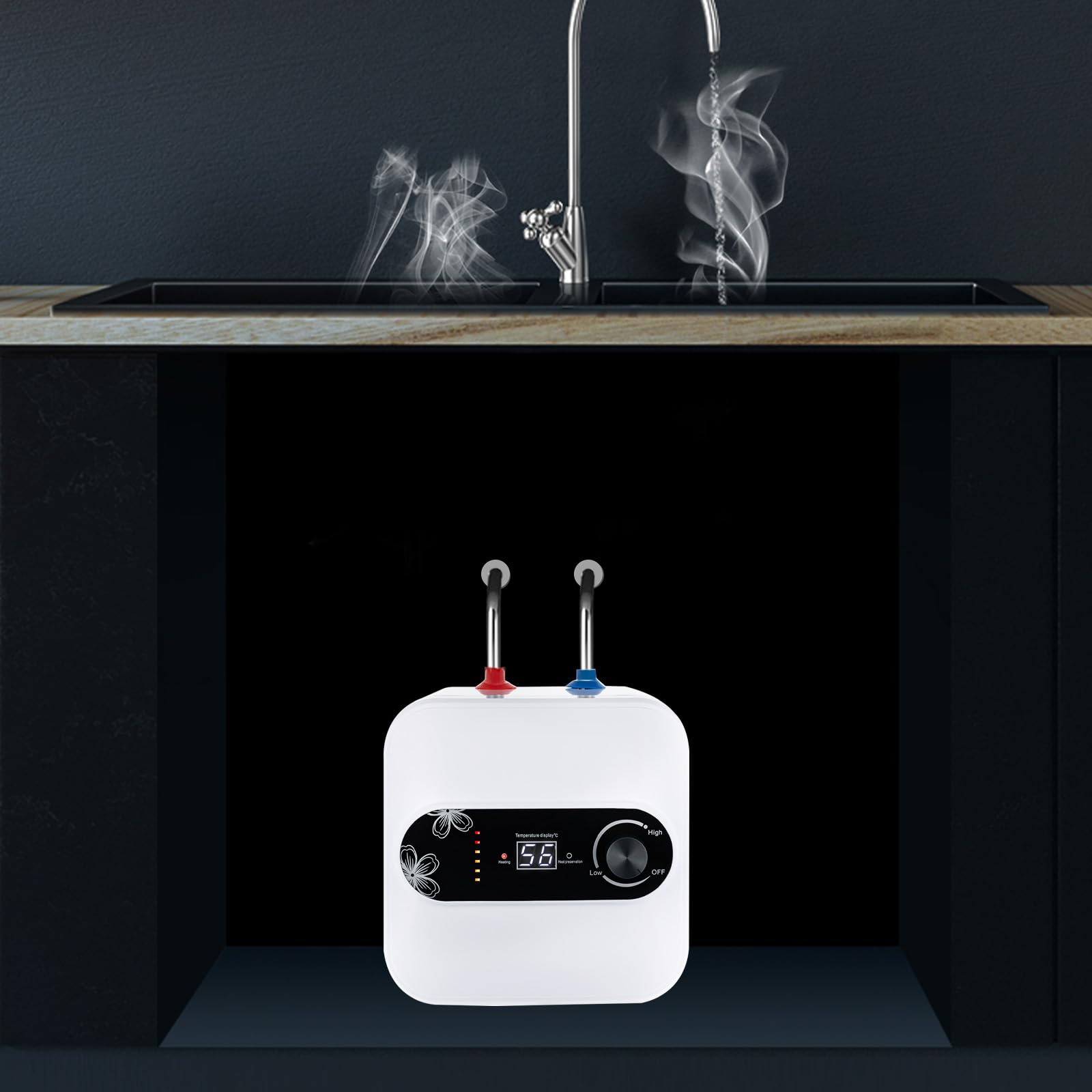 Elektryczny podgrzewacz wody, 8 l, 1500 W, natychmiastowy zbiornik na wodę z wyświetlaczem LED, regulowana temperatura (30-65°C), montowany na ścianie/wolnostojący, wodoodporny IPX4 do kuchni/łazienki
