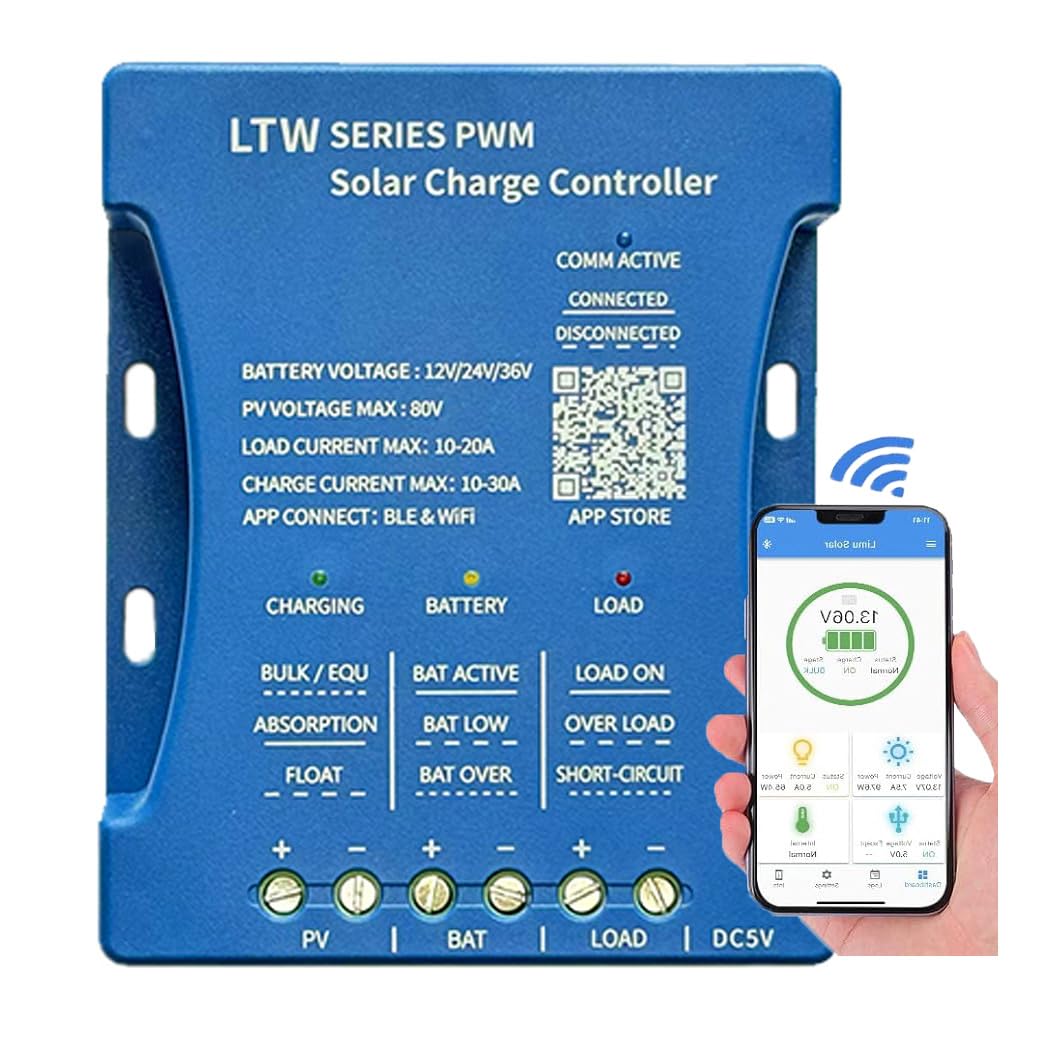 Y&H Controlador de carga solar de 30 A, 12 V/24 V/36 V PV máximo 80 V WIFI Bluetooth Comunicación Solar Regulador inteligente para baterías de plomo ácido, LiFePO4