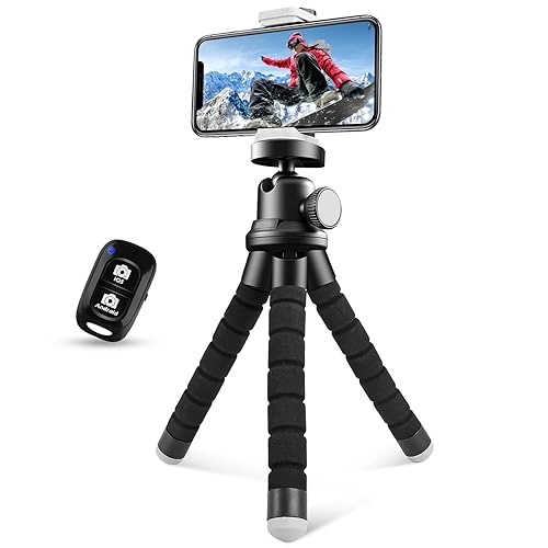 Sensyne Phone Tripod, Flexible Cell Phone Tripod with Phone Holder and Wireless Remote, Mini Travel Tripod Stand, Compatible with All Cell Phones, Cameras - Regular - Black